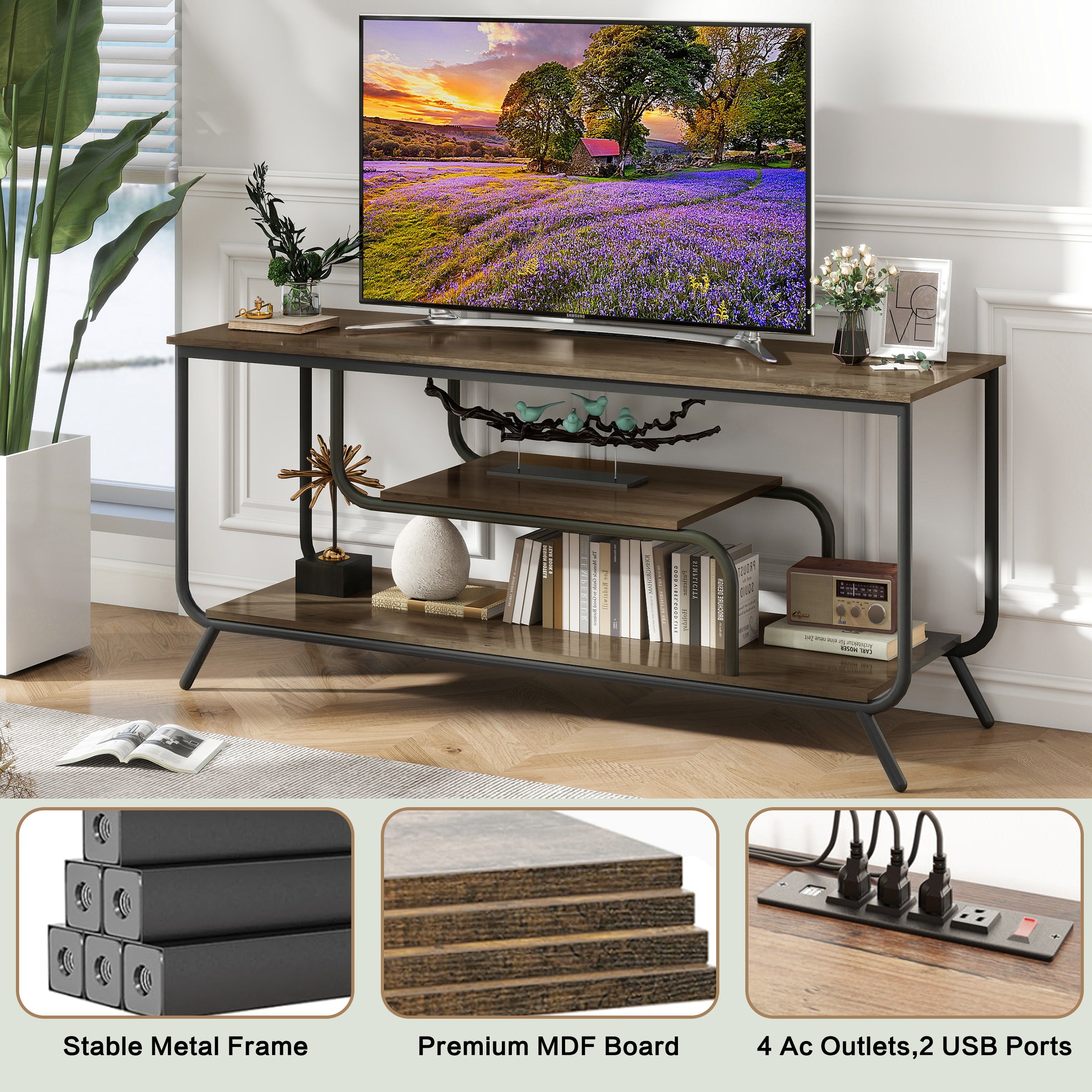 PAPROOS LED TV Stand for 55 Inch TV, Entertainment Center with Power Outlets, TV Cabinet with 2 Open Storage Shelves and Metal Frame, Media Console Table for Living Room, Office