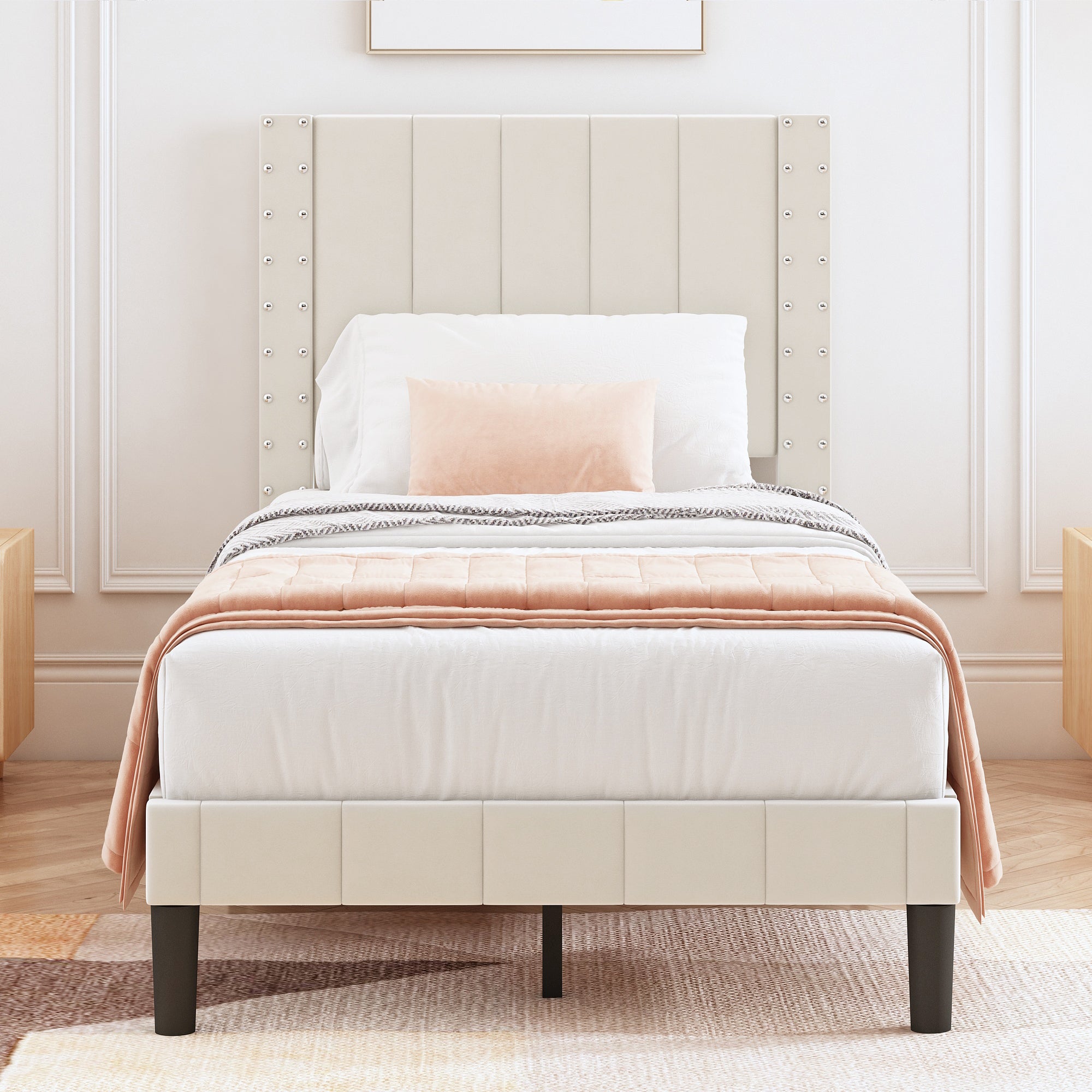 PAPROOS Full Platform Bed Frame, Upholstered Bed Frame Full Size with Vertical Channel and Rivet Decor Headboard, No Box Spring Needed, Easy Assembly, Dark Gray