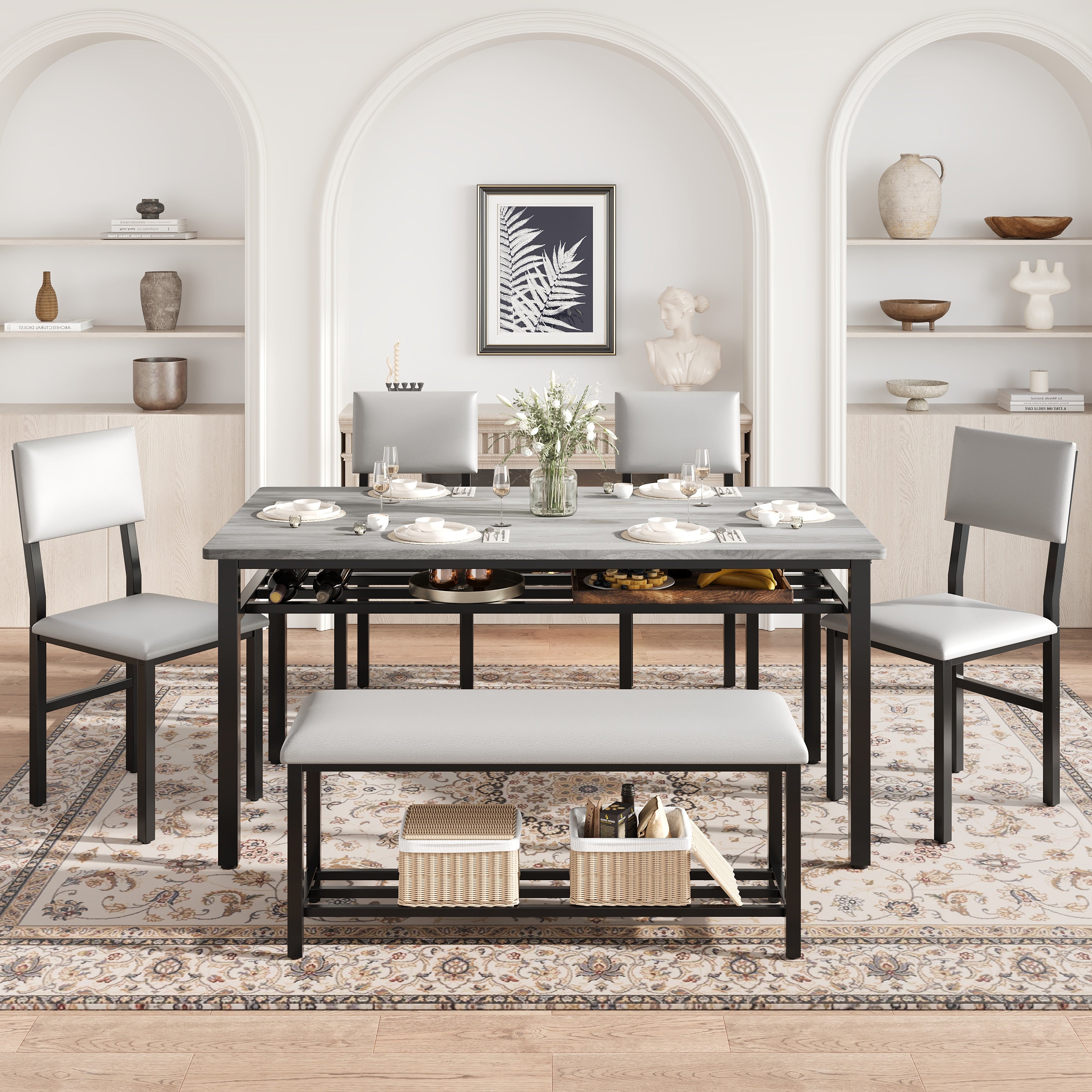 PAPROOS Dining Table Set for 6, 6 Piece Dining Room Set with Wooden Table Top, PU Leather Upholstery Chairs and Bench, Modern Dinette Sets for Big Family, Kitchen Table and Chairs Set, Rustic Brown