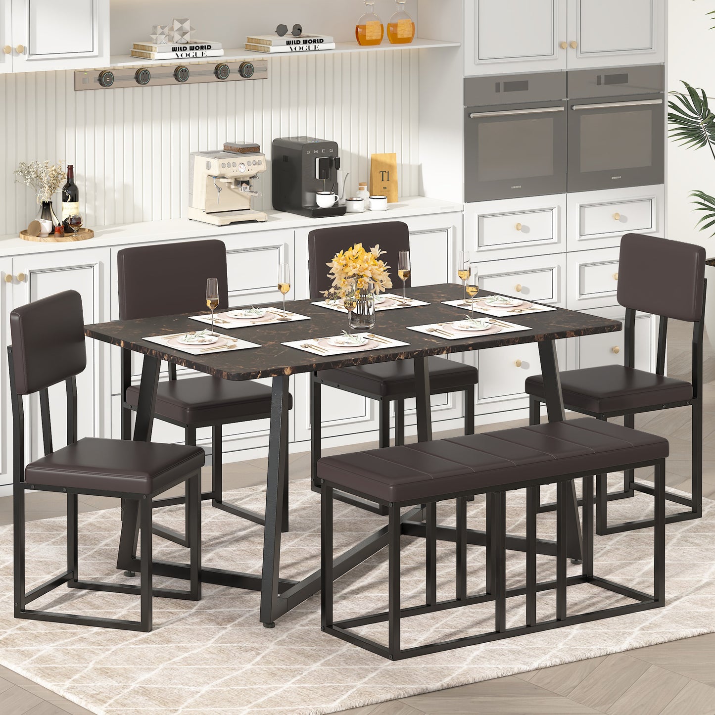 6 Piece Dining Room Table Set, Dining Table Sets for 6 with Chairs and Bench, Large Dinning Table and Chairs 4to6Set, Modern Kitchen Table Sets with Chairs for 6, Gray Table and Gray Chairs Set