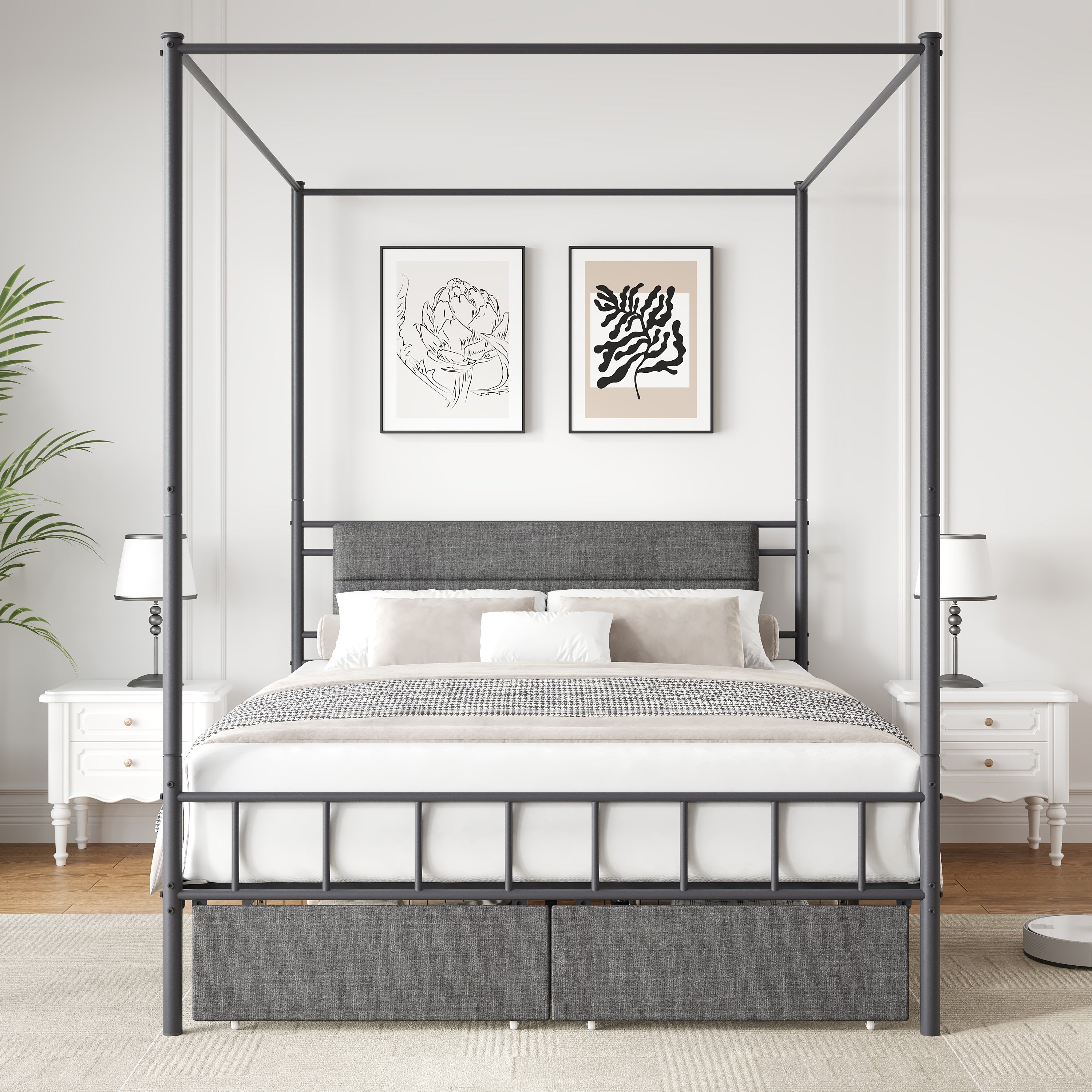 PAPROOS Full Size Canopy Bed Frame, Upholstered Bed Frame with Metal Slats, Metal Platform Bed with 2 Storage Drawers, No Box Spring Needed