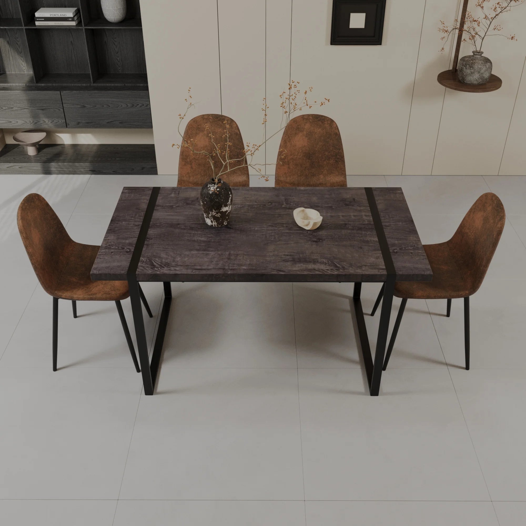 PAPROOS Modern Dining Table Set for 4, Wood Rectangular Kitchen Table and Suede Chairs, Mid-Century Dining Room Table with Strong Metal Frame, 5-Piece Space-Saving Dining Table Set, Brown