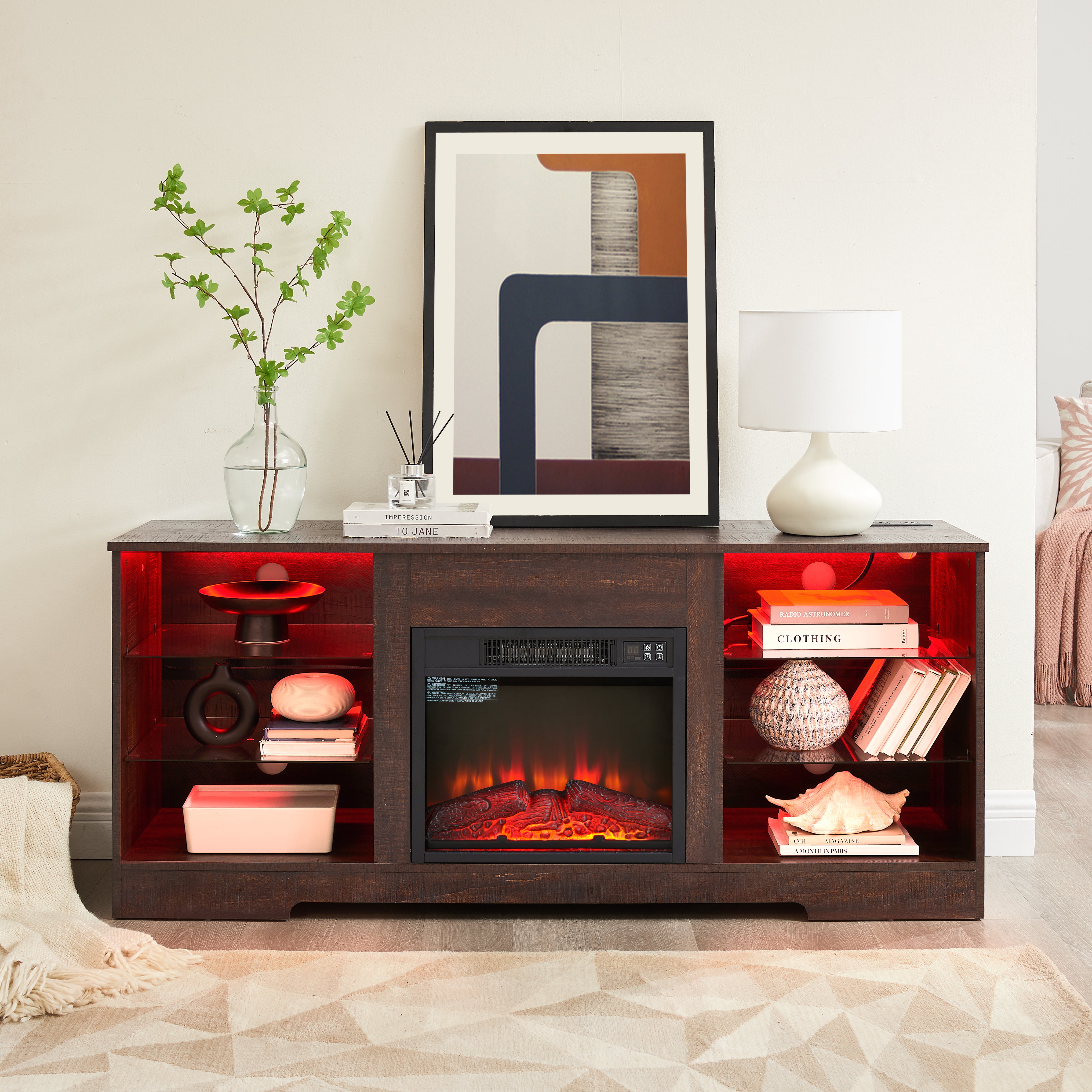 PAPROOS Fireplace TV Stand for 65 Inch TV, Farmhouse TV Stand with with 18 Inch Electric Fireplace, Entertainment Center with Charging Station, TV Console Table TV Cabinet for Living Room