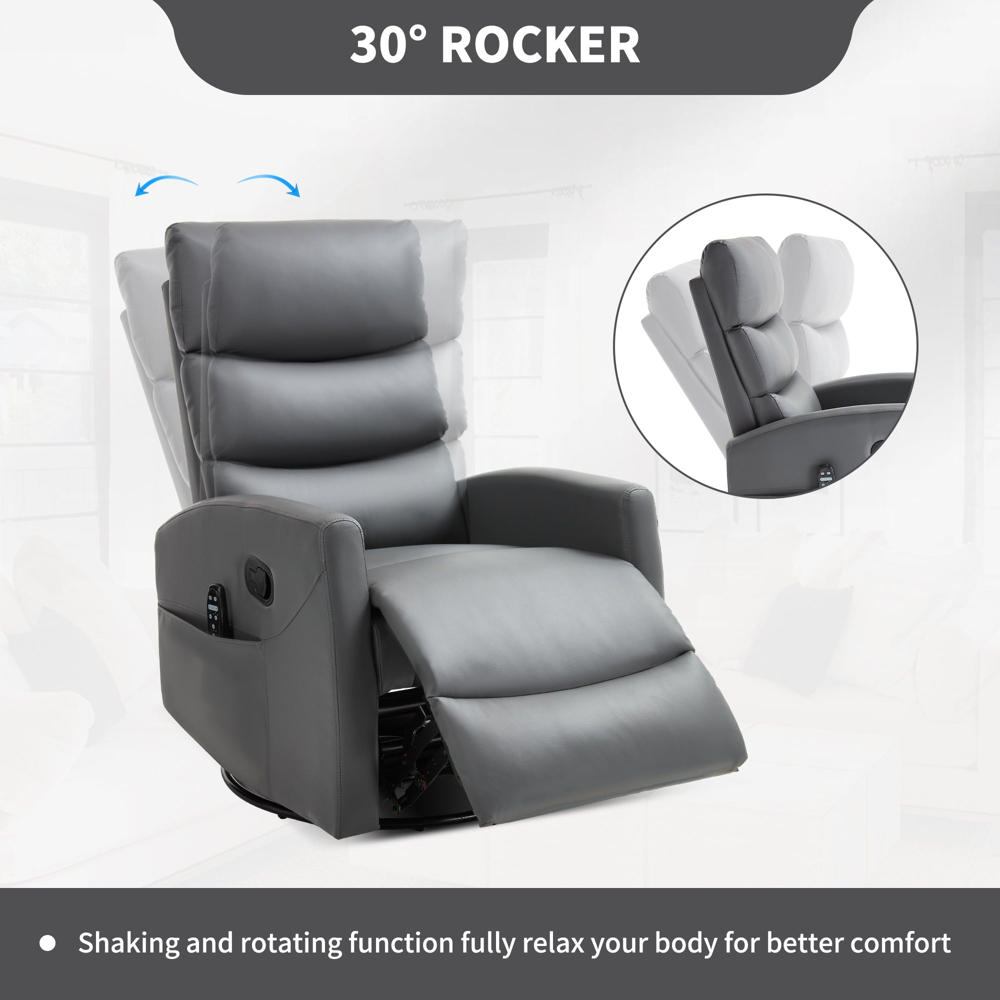 PAPROOS Rocker Recliner with Heat Therapy and Massage, PU Leather 360°Swivel Rocker Recliner, Rocking Chair for Nursery, Small Rocking Recliner, Manual Recliner for Home Theater Living Room