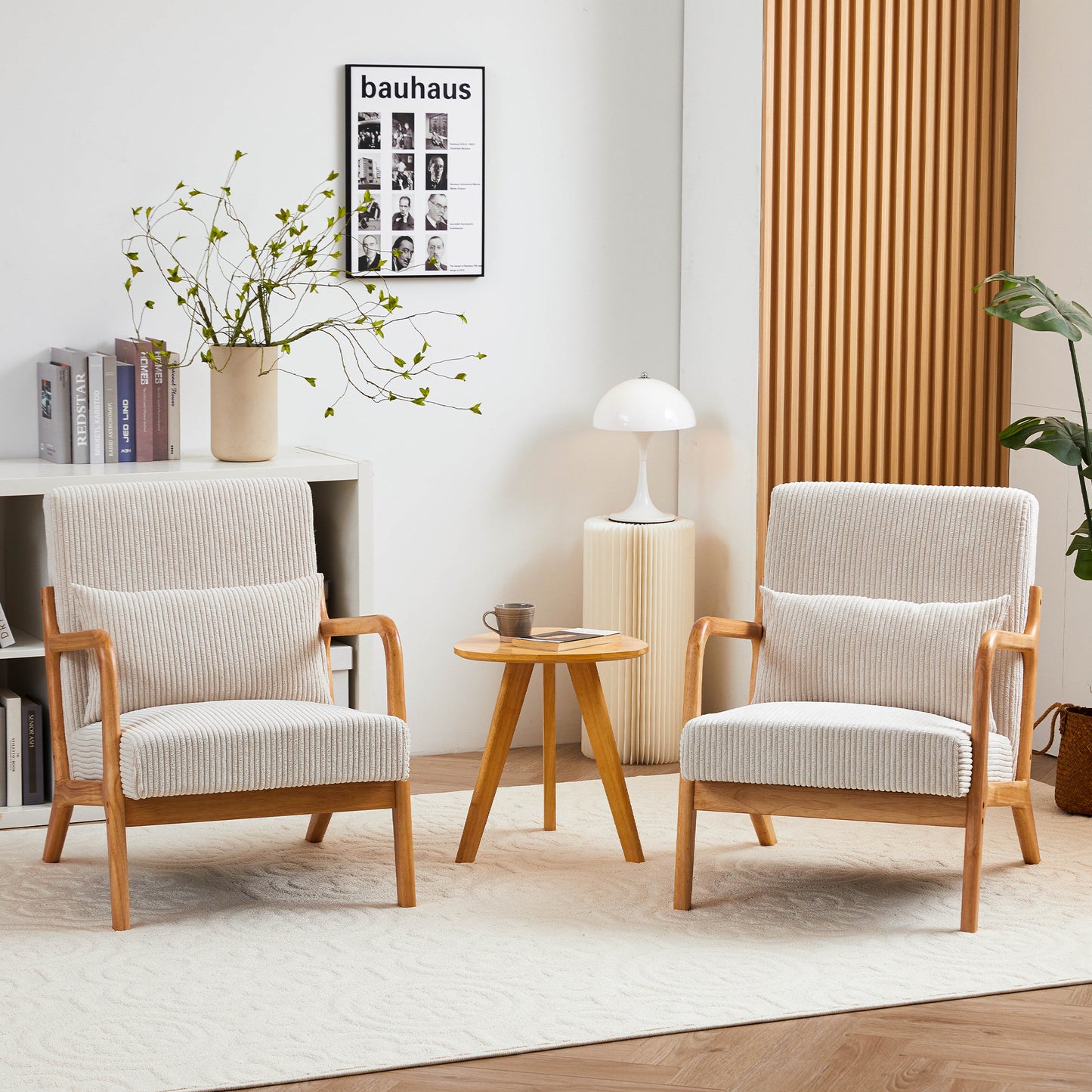 PAPROOS Accent Chair Set of 2, Mid-Century Modern Armchair with Solid Wood Frame and Extra-Thick Backrest, Fabric Upholstered Reading Chair for Living Room Bedroom, Beige