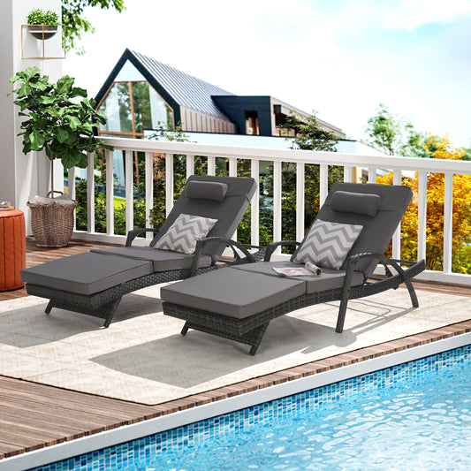 Outdoor Chaise Lounge Chair Set of 2, Rattan Patio Chaise Lounge Chair with Cushion and Arms, Modern 5-Positions Adjustable Outdoor Lounger Recliner for Poolside, Garden, Backyard, Light Gray