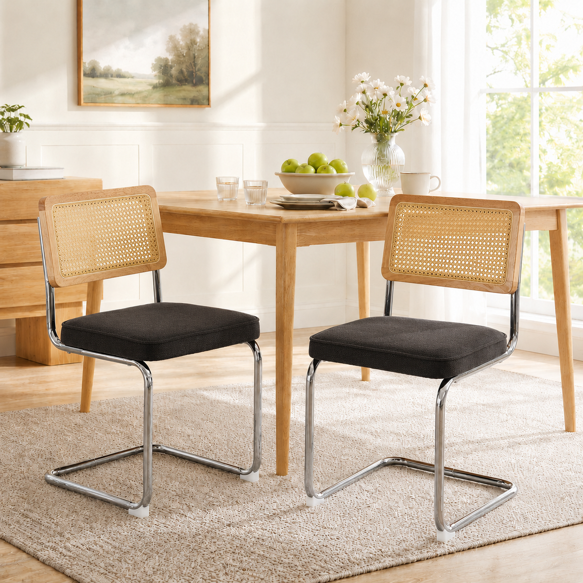 Dining Chairs Set of 2, Paproos Velvet Upholstered Dining Chairs, Mid Century Accent Chair Side Chair with Cane Back and Stainless Steel Chrome Legs, Dining Kitchen Living Room
