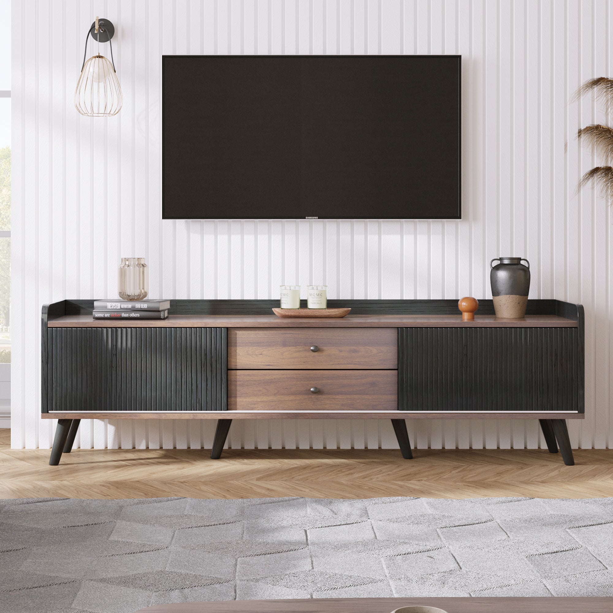 PAPROOS TV Stand for 70 inch tv, Mid Century Entertainment Center with Storage Cabinets, TV Cabinet with Open Shelves, Media Console Table with Doors for Living Room, Office