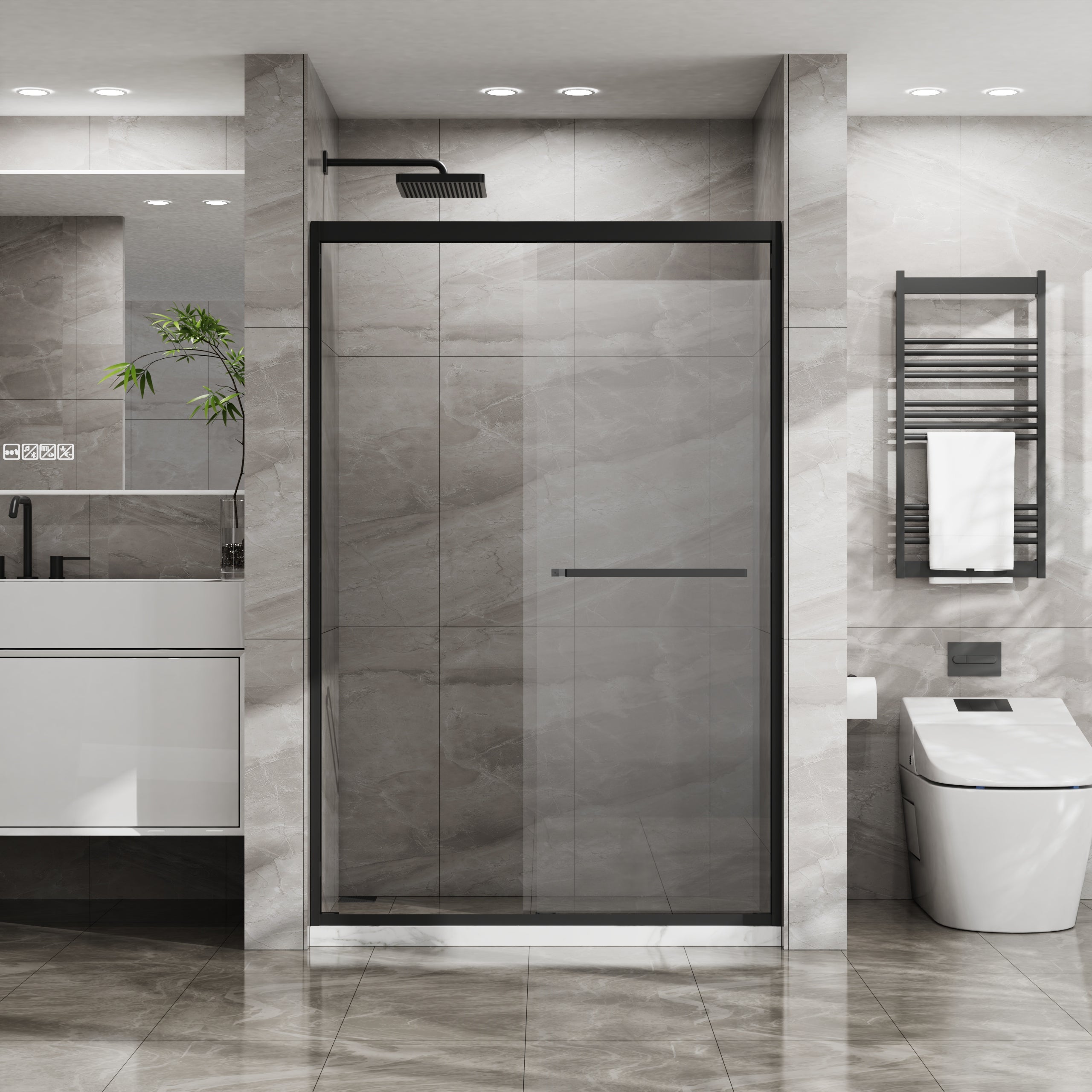 PAPROOS 56” - 60” W X 58” H Sliding Shower Door, 1/4" (6mm) Clear Tempered Glass Double Bathtub Door, Aluminum Frame, Modern Tub Door with Stainless Steel Handle, SGCC Certified, Matte Black