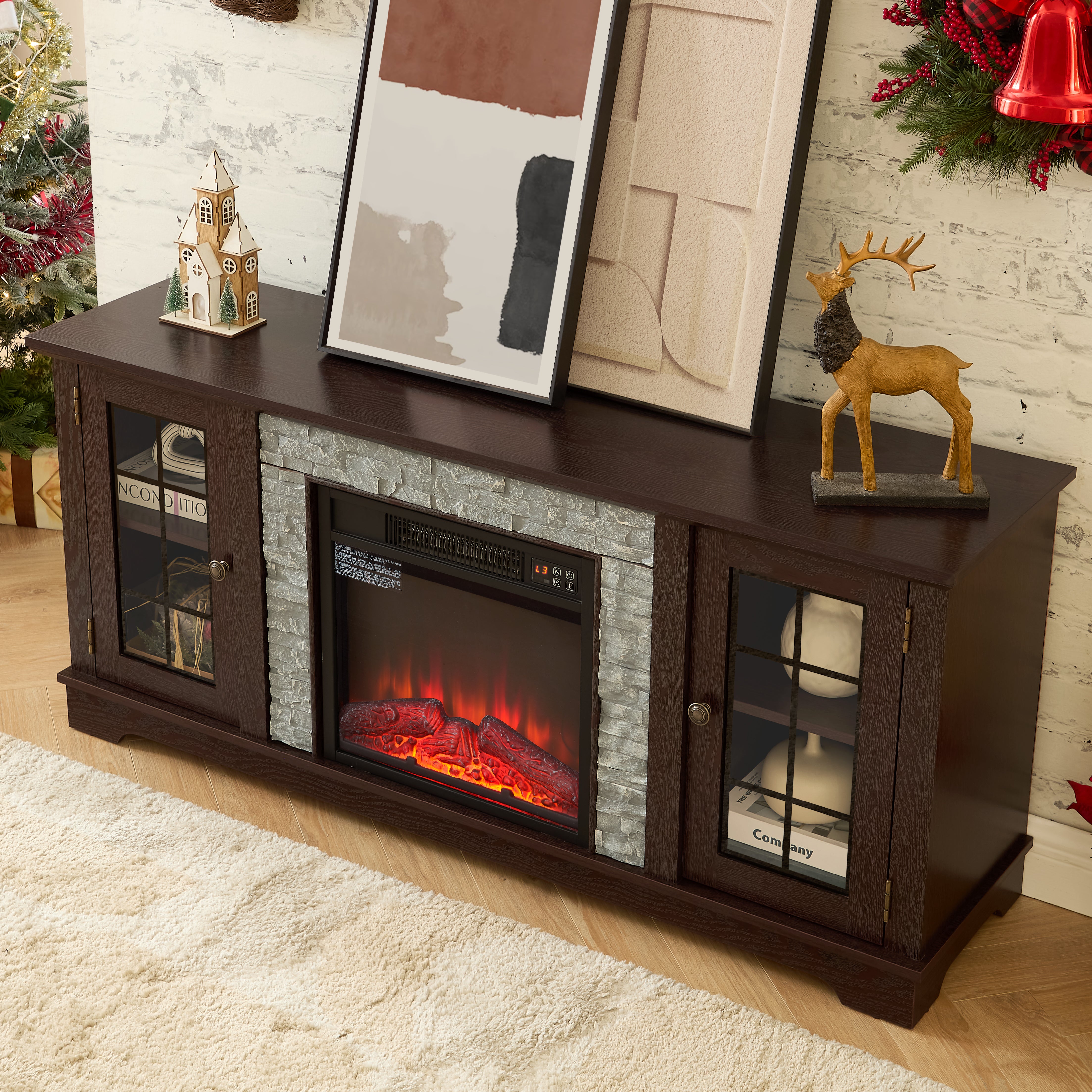 PAPROOS Farmhouse Fireplace TV Stand for TVs up to 65"