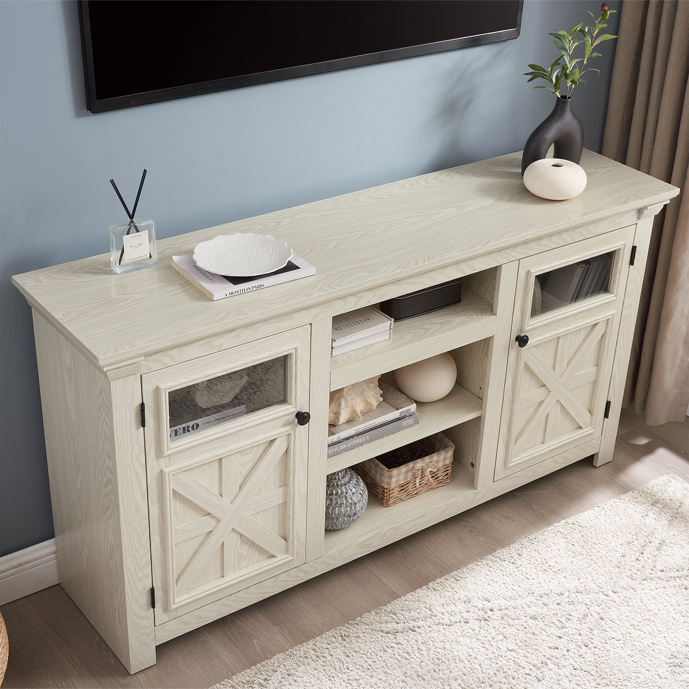PAPROOS TV Stands for Living Room up to 65" TV, Farmhouse TV Console Media Console with Open Shelves and Barn Doors, Wood TV Stand With Storage and Glass Doors, TV Stand With Cabinet, White