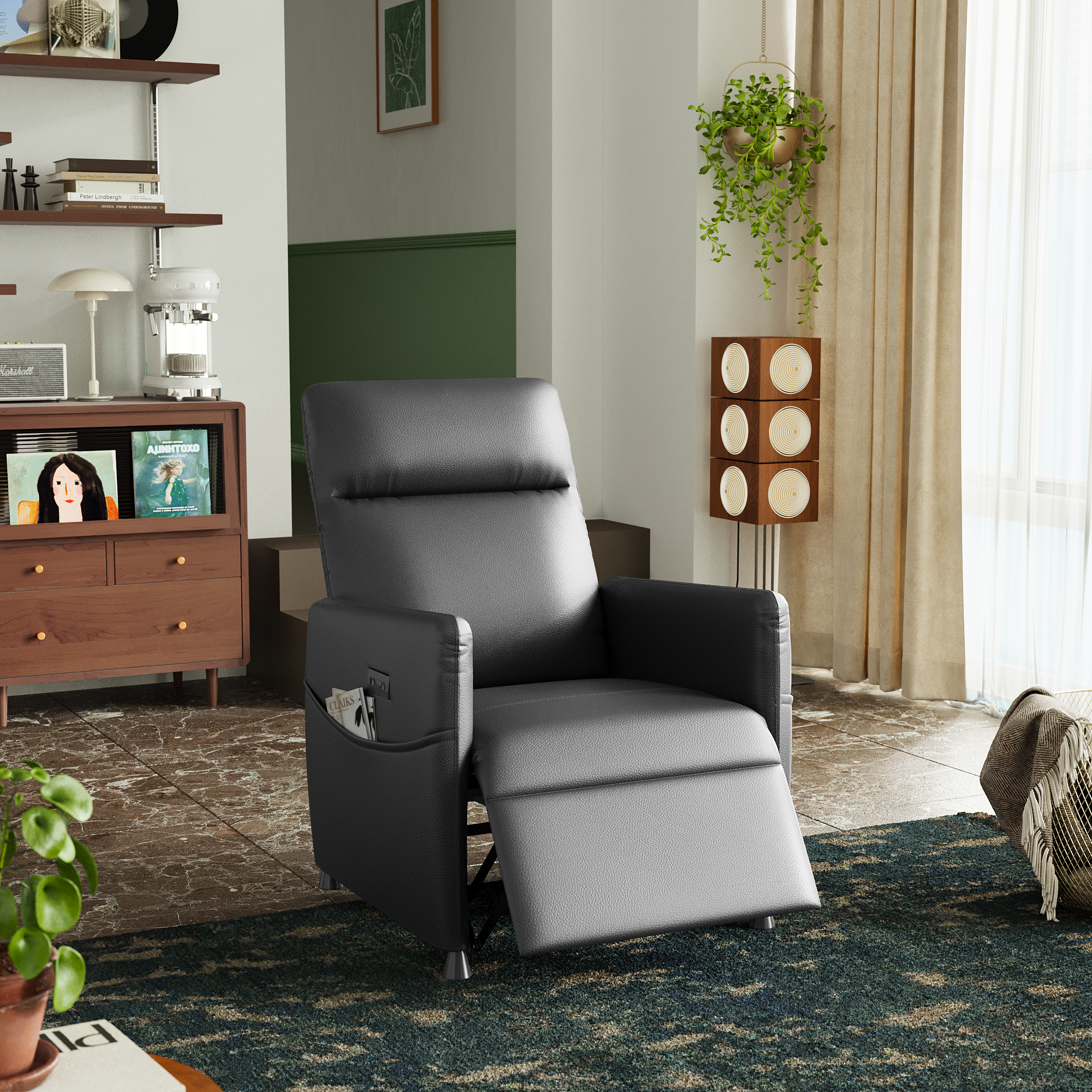 Electric Recliner Chair for Adults, PAPROOS Velvet Power Recliner Chair with Footrest & Padded Seat, Small Reclining Sofa with Side Pocket, Manual Recliner for Living Room Home Theater, Light Grey