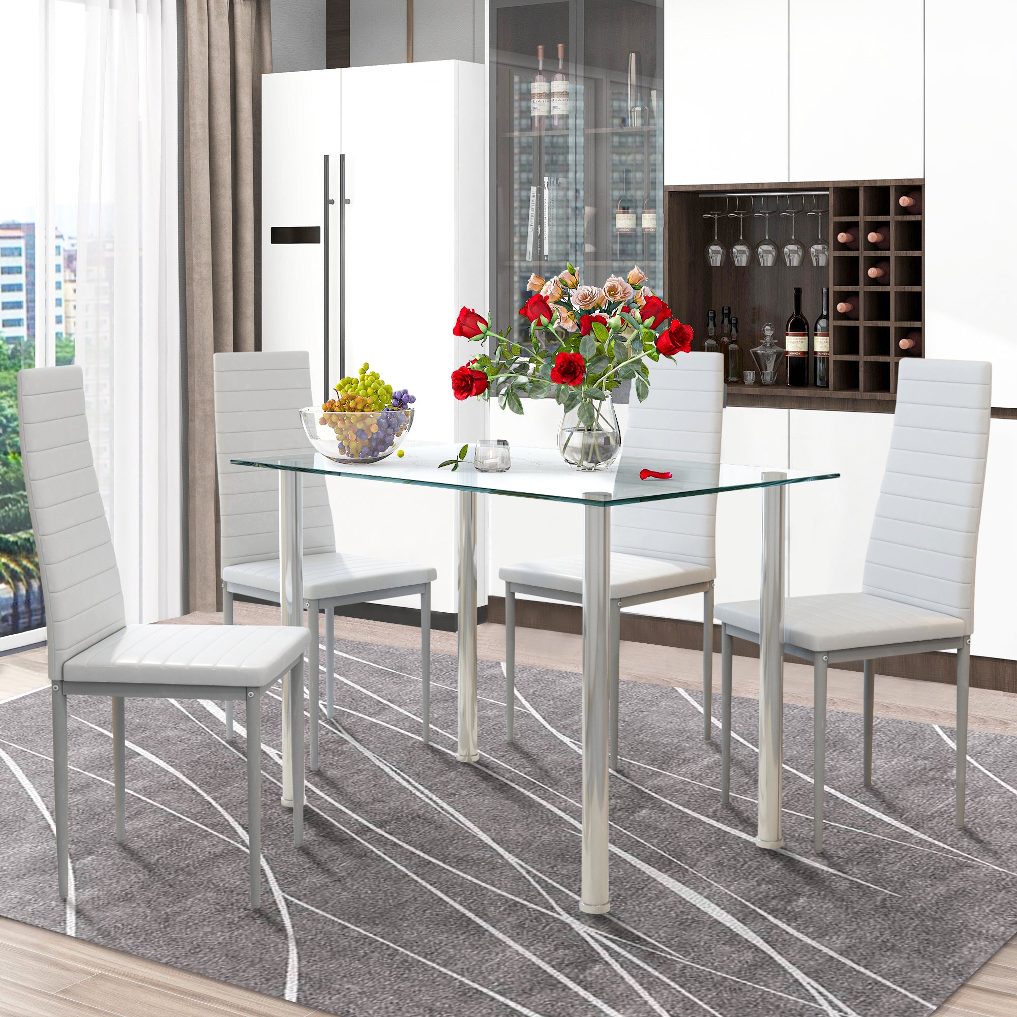PAPROOS Dining Table Set for 4, Modern 5-Piece Kitchen Table Set with Marble Top and Faux Leather Upholstery Chairs