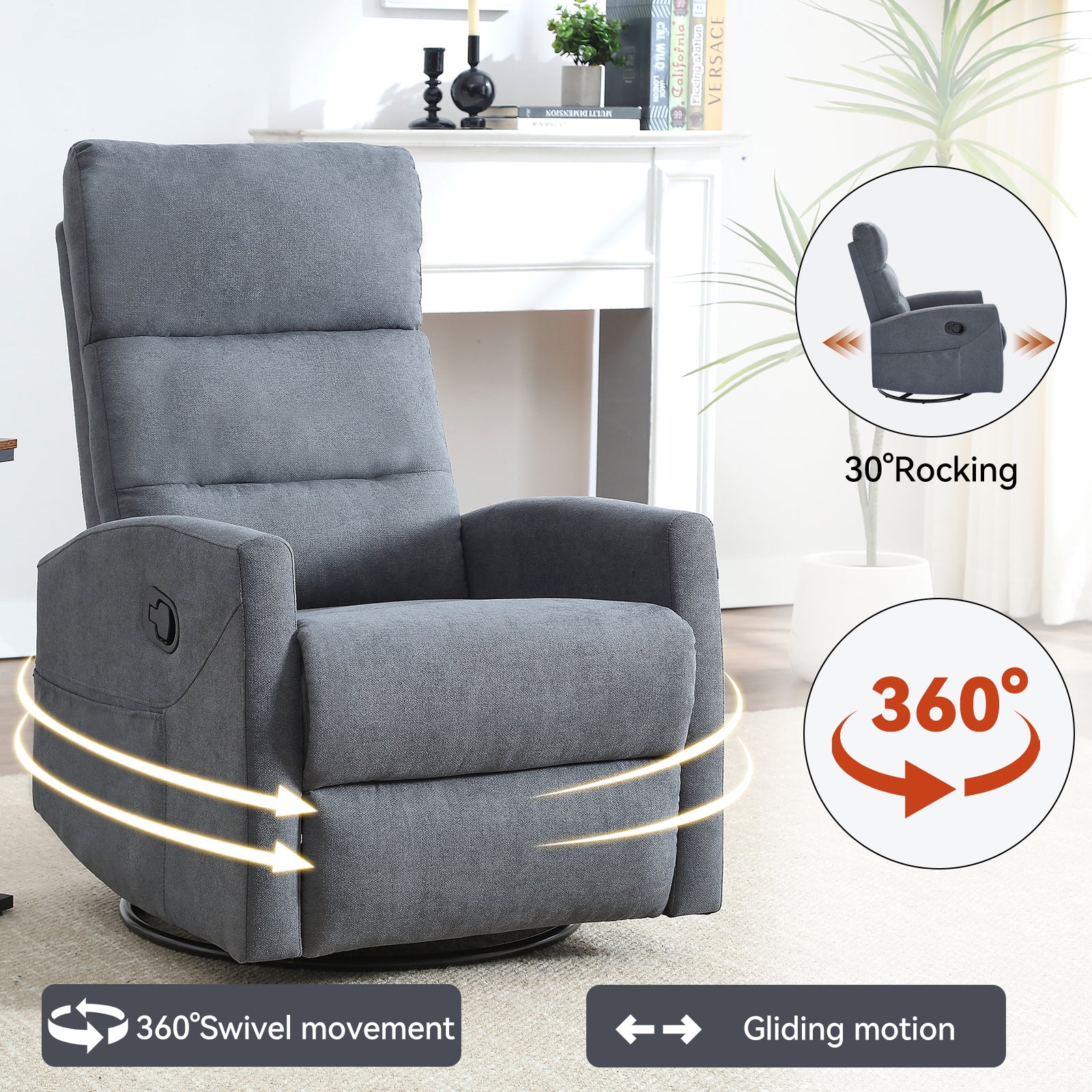 PAPROOS Swivel Rocker Recliner, Fabric 360° Swivel Rocking Recliner with 2 Side Pockets, Glider Rocking Chair for Baby Nursery, Manual Recliner for Adults for Home Theater Living Room