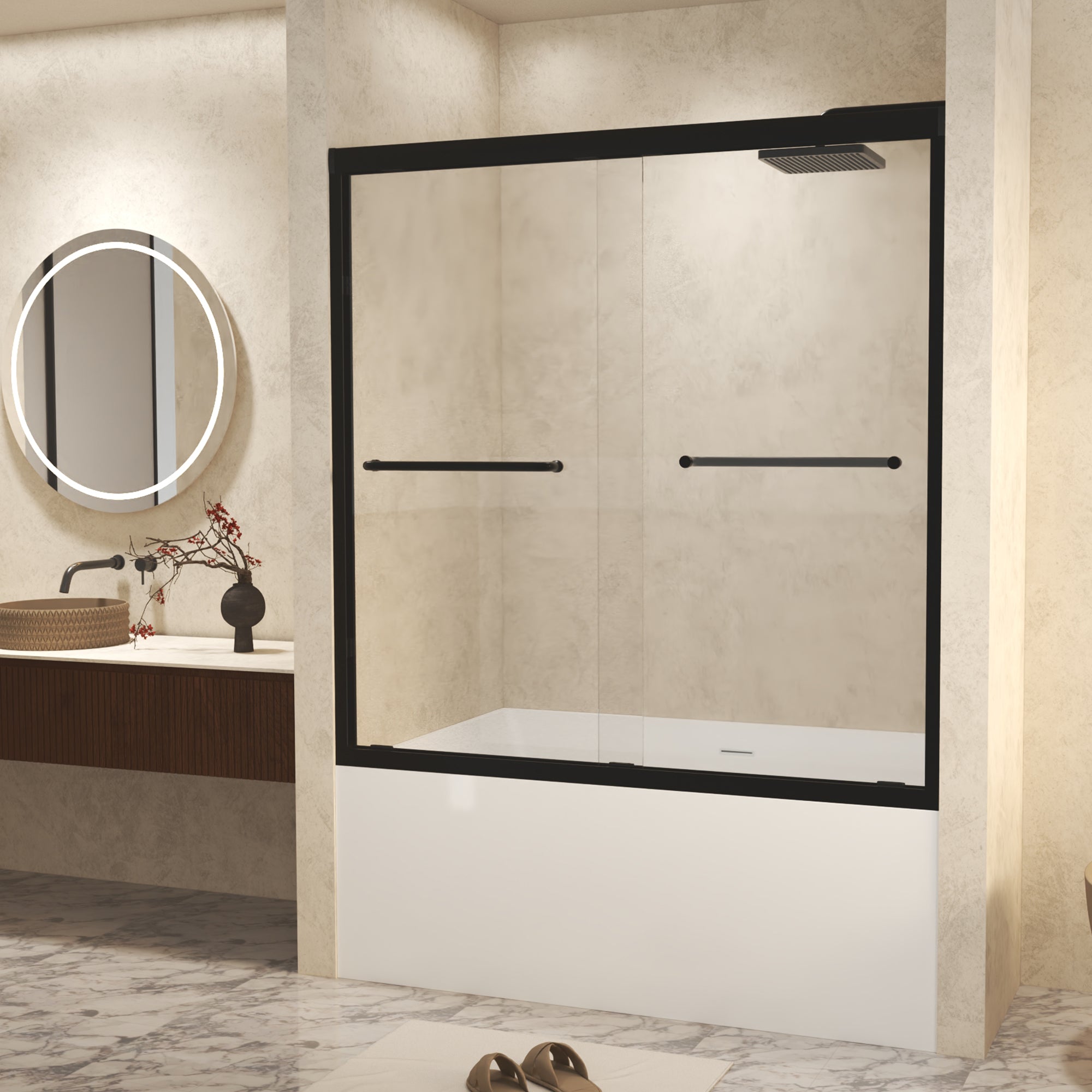 PAPROOS 56"-60" W x 72" H Double Sliding Shower Door, Modern Tub Door with Aluminum Frame, Bathtub Door with 1/4” (6 mm) Clear Tempered Glass, Stainless Steel Handle, SGCC Certified, Matte Black
