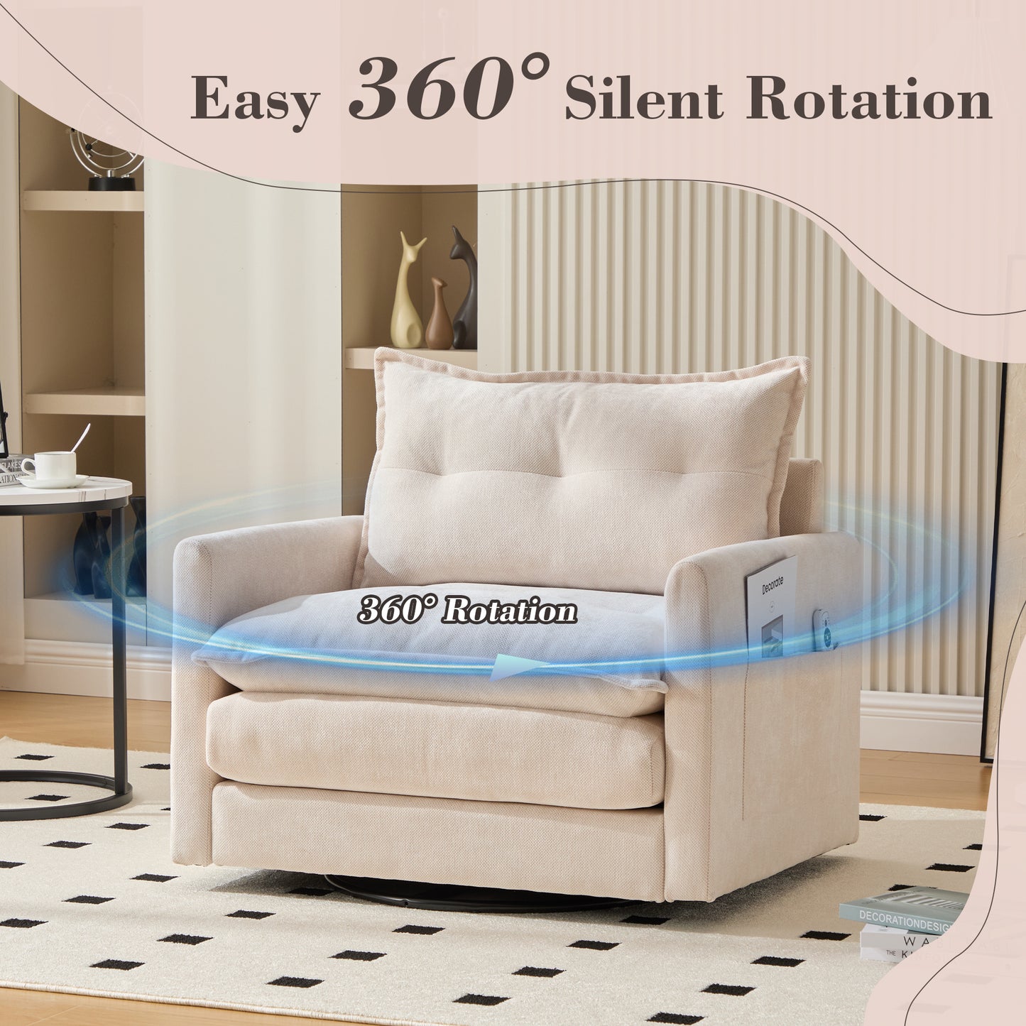 360°Swivel Accent Chair, Chenille Upholstered Armchair,&nbsp;PAPROOS Barrel Chair Reading Armchair with Side Pockets & Cushion, Modern Accent Chair with Metal Base for Living Room Bedroom, Beige