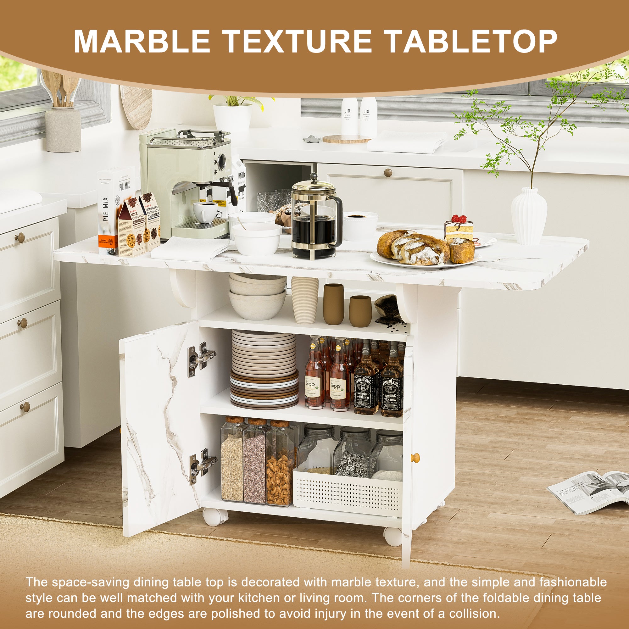 PAPROOS Folding Dining Table, 47'' Expandable Dining Table with Storage Racks & Storage Shelves & Wheels, Drop Leaf Kitchen Table with Marble-color, Space Saving Dining Room Table, White