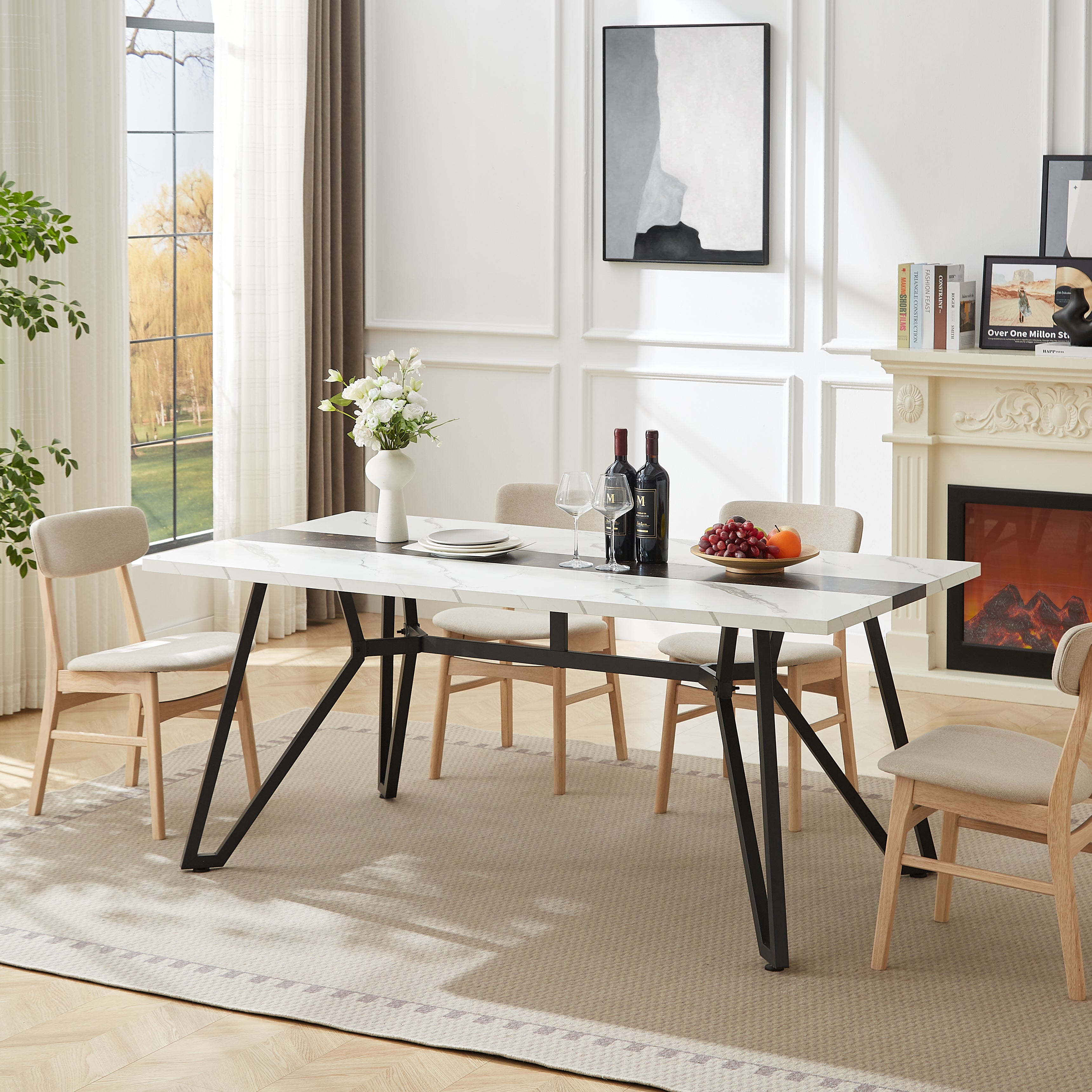 PAPROOS 71" Dining Table for 6-8 People, Rectangle Faux Marble Kitchen Table, Dining Room Table with Adjustable Metal Legs, for Kitchen Dining Room, Gathering, White+Black (Only Table)