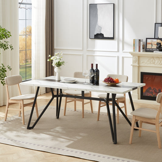 PAPROOS 71" Dining Table for 6-8 People, Rectangle Faux Marble Kitchen Table, Dining Room Table with Adjustable Metal Legs, for Kitchen Dining Room, Gathering, White+Black (Only Table)