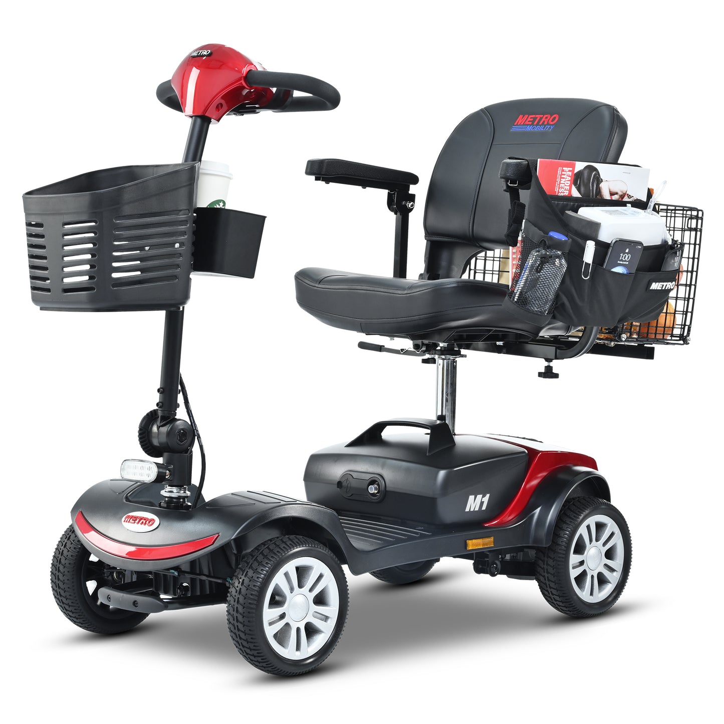 PAPROOS 4 Wheel Mobility Scooter for Seniors, Durable Heavy Duty Folding Power Wheelchair with Lights and Basket for Travel, 330lbs, Red