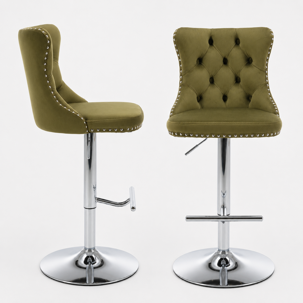 Swivel Bar Stools Set of 2, PAPROOS Adjustable Height Counter Height Bar Stools with Back, Velvet Dining Chair with Button Tufted & Nail Trim, Kitchen Chair for Kitchen Island Pub