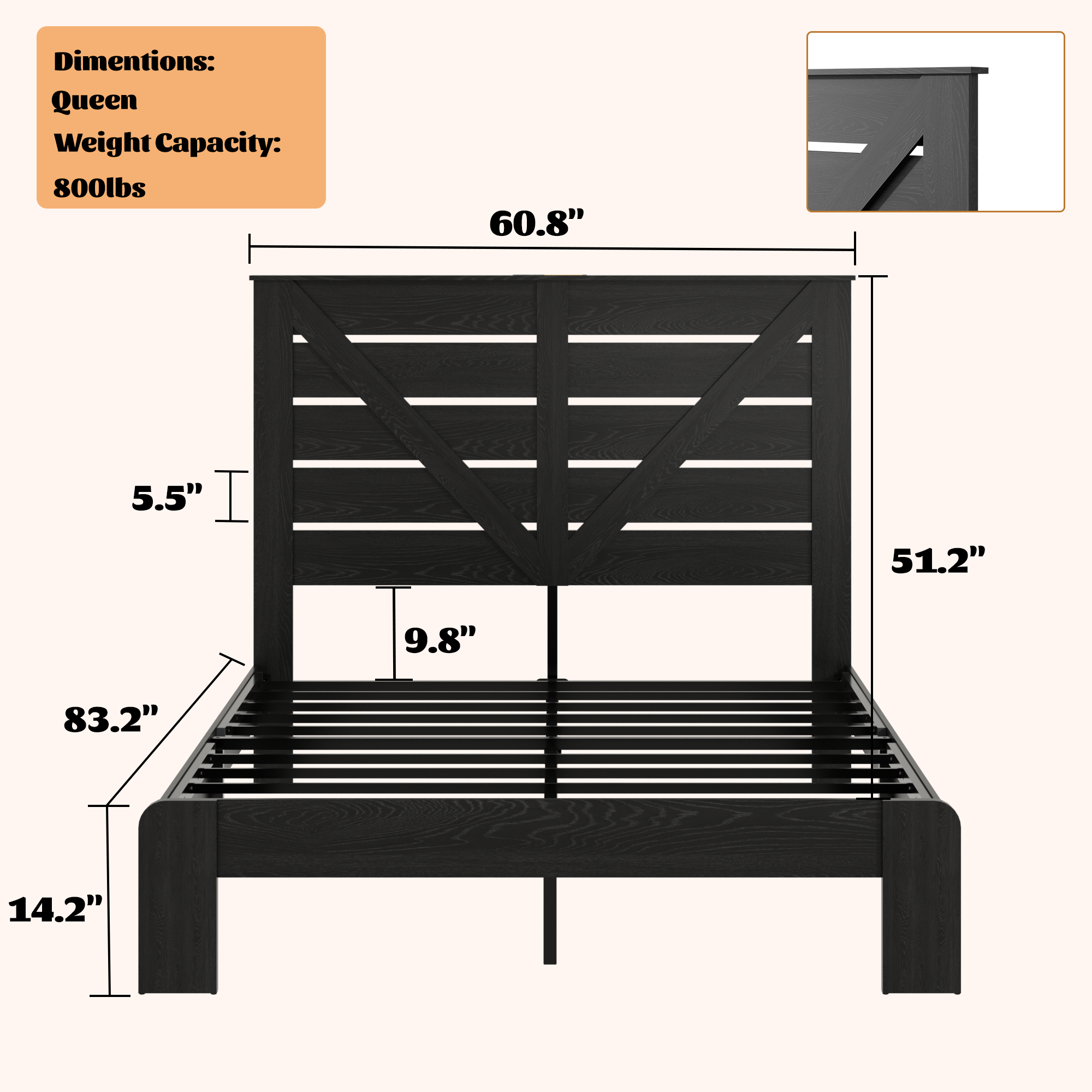 PAPROOS Queen Bed Frame with Headboard, Farmhouse Queen Bed with Charging Station and Touch Lamp, Wood Platform Bed with Metal Slats, No Box Spring Needed, Noise Free