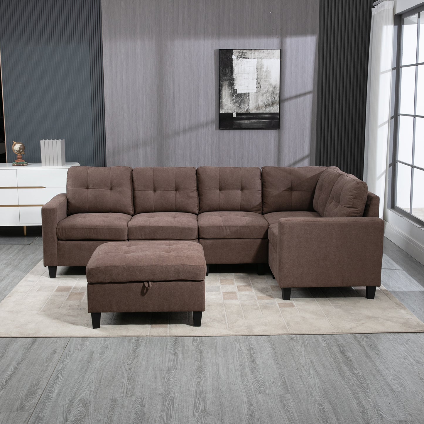 PAPROOS Modular Sectional Couches and Sofas with Storage, Sectional Sofa L Shaped Sectional Couch With Storage Ottomans Table, Modern Sofa Set for Living Room, Brown