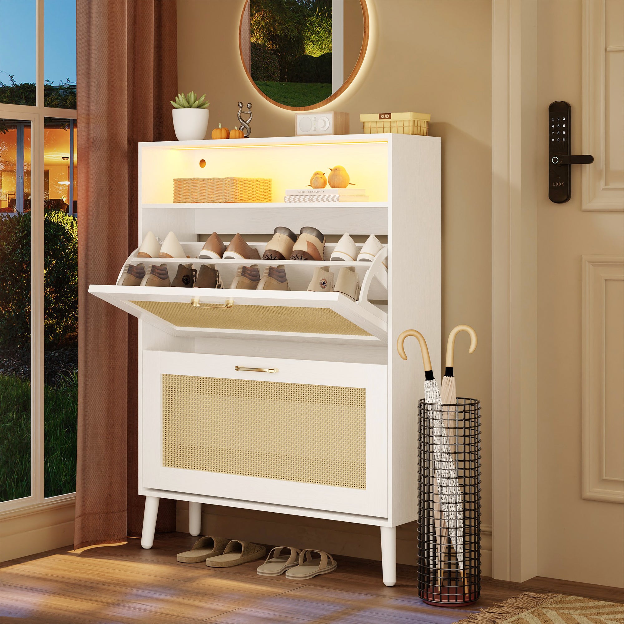 LED Shoe Cabinet with 2 Flip Drawers, Wood 20Pair Shoe Storage Cabinet with Lights for Entryway, Modern Shoe Rack Organizer for Living Room, Rattan Door Design, Brown