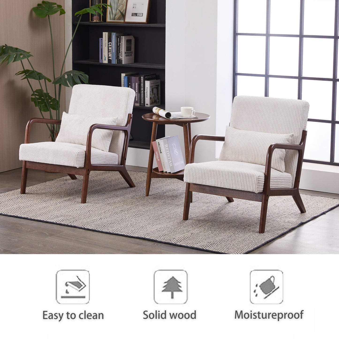 PAPROOS Accent Chair Set of 2, Mid-Century Modern Armchair with Solid Wood Frame and Extra-Thick Backrest, Fabric Upholstered Reading Chair for Living Room Bedroom, Beige