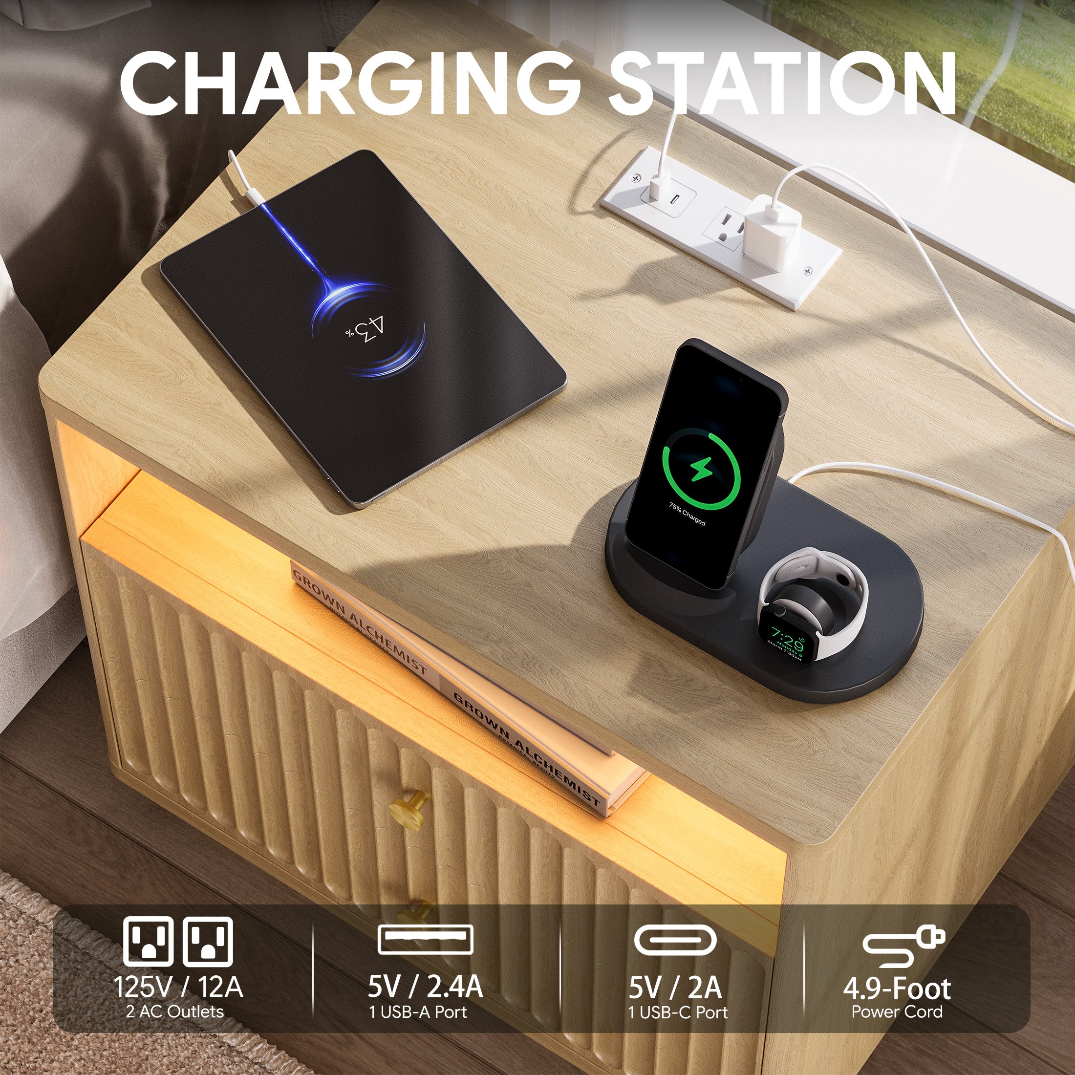 Fluted Nightstand with Charging Station