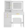 Vanity Desk with Mirror and LED Light, PAPROOS Makeup Vanity with Cabinet and 3 Drawers, Makeup Table with Anti-tipping Function, Upholstered Stool with storage, Shelves with Door, White