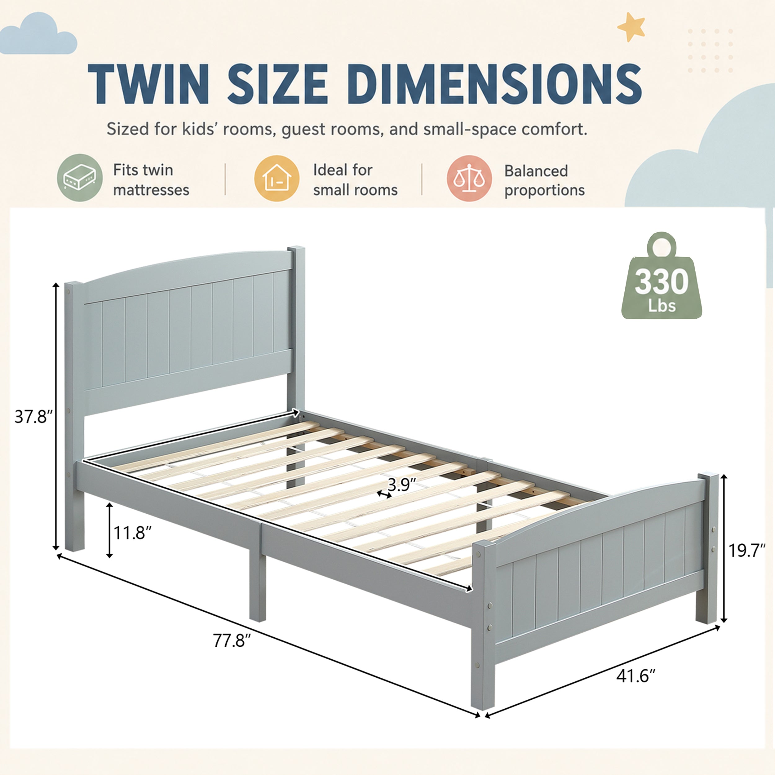 Twin Bed Frame, PAPROOS Wooden Platform Bed Frame with Headboard and Footboard, Twin Size Bed Frame with Underbed Storage, 330lbs Capacity, No Box Spring Needed, Grey
