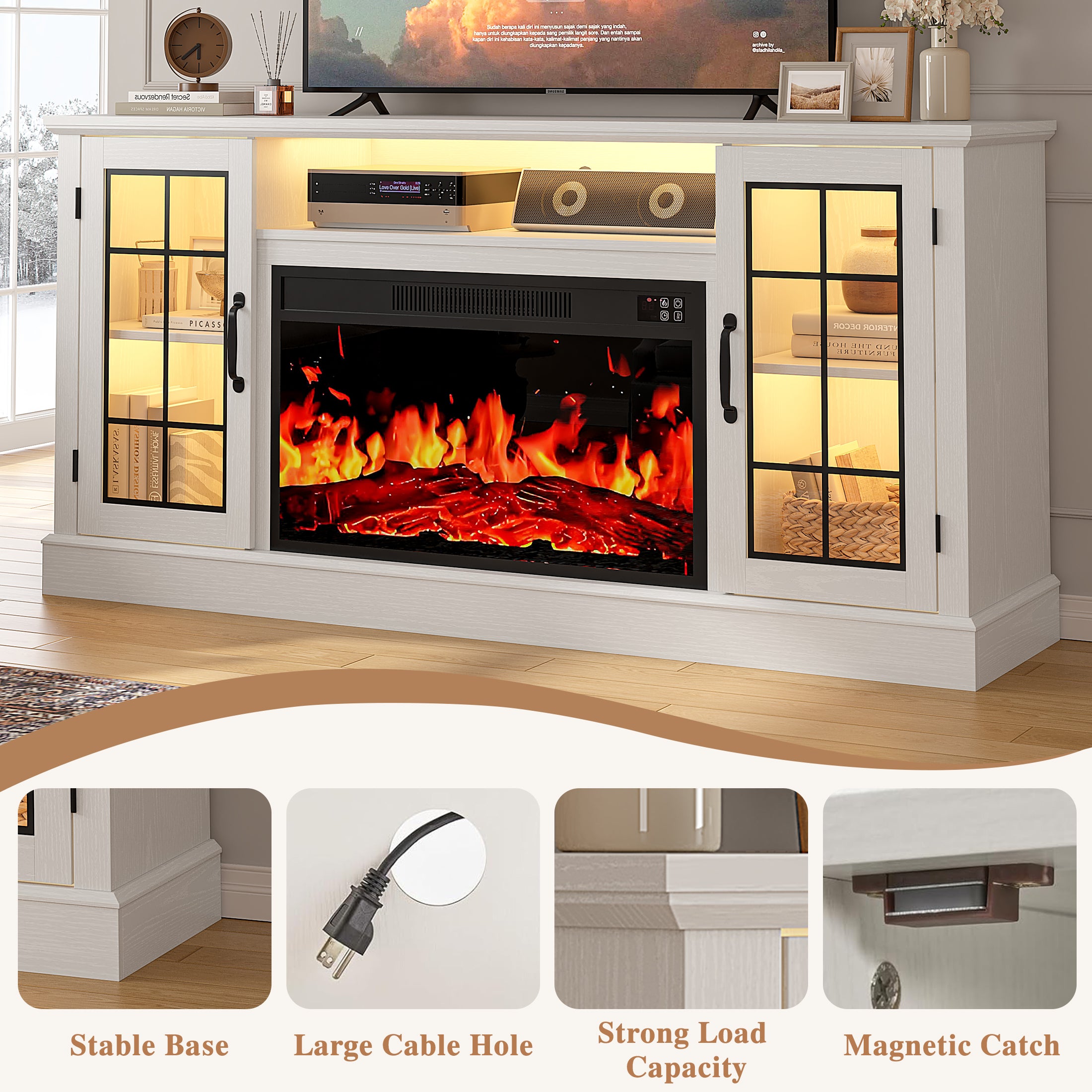 PAPROOS 63" Fireplace TV Stand, White