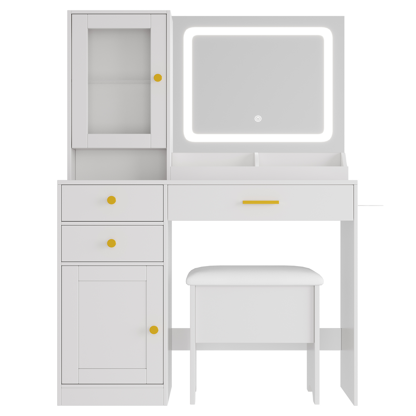 Vanity Desk with Mirror and LED Light, PAPROOS Makeup Vanity with Cabinet and 3 Drawers, Makeup Table with Anti-tipping Function, Upholstered Stool with storage, Shelves with Door, White