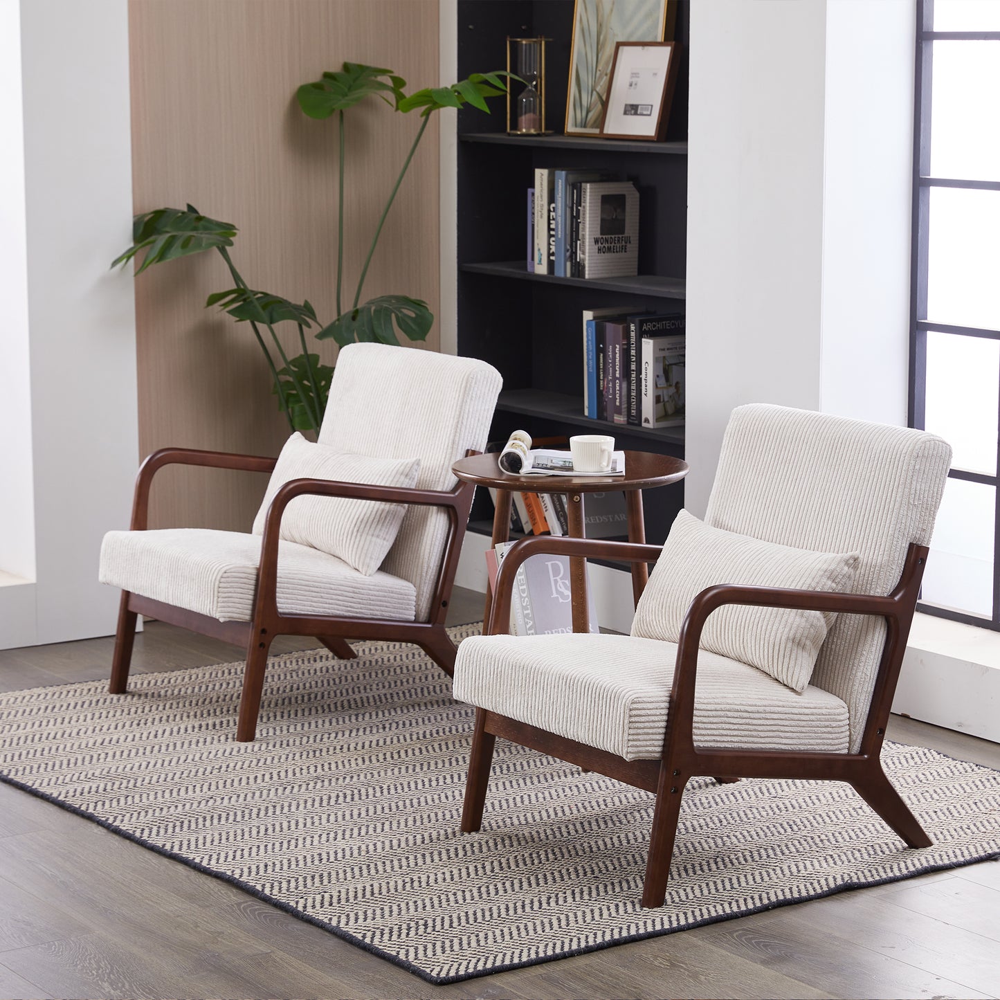 PAPROOS Accent Chair Set of 2, Mid-Century Modern Armchair with Solid Wood Frame and Extra-Thick Backrest, Fabric Upholstered Reading Chair for Living Room Bedroom, Beige