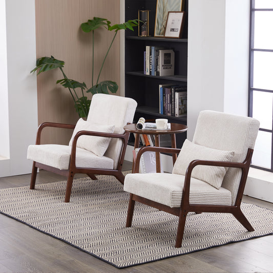 PAPROOS Accent Chair Set of 2, Mid-Century Modern Armchair with Solid Wood Frame and Extra-Thick Backrest, Fabric Upholstered Reading Chair for Living Room Bedroom, Beige