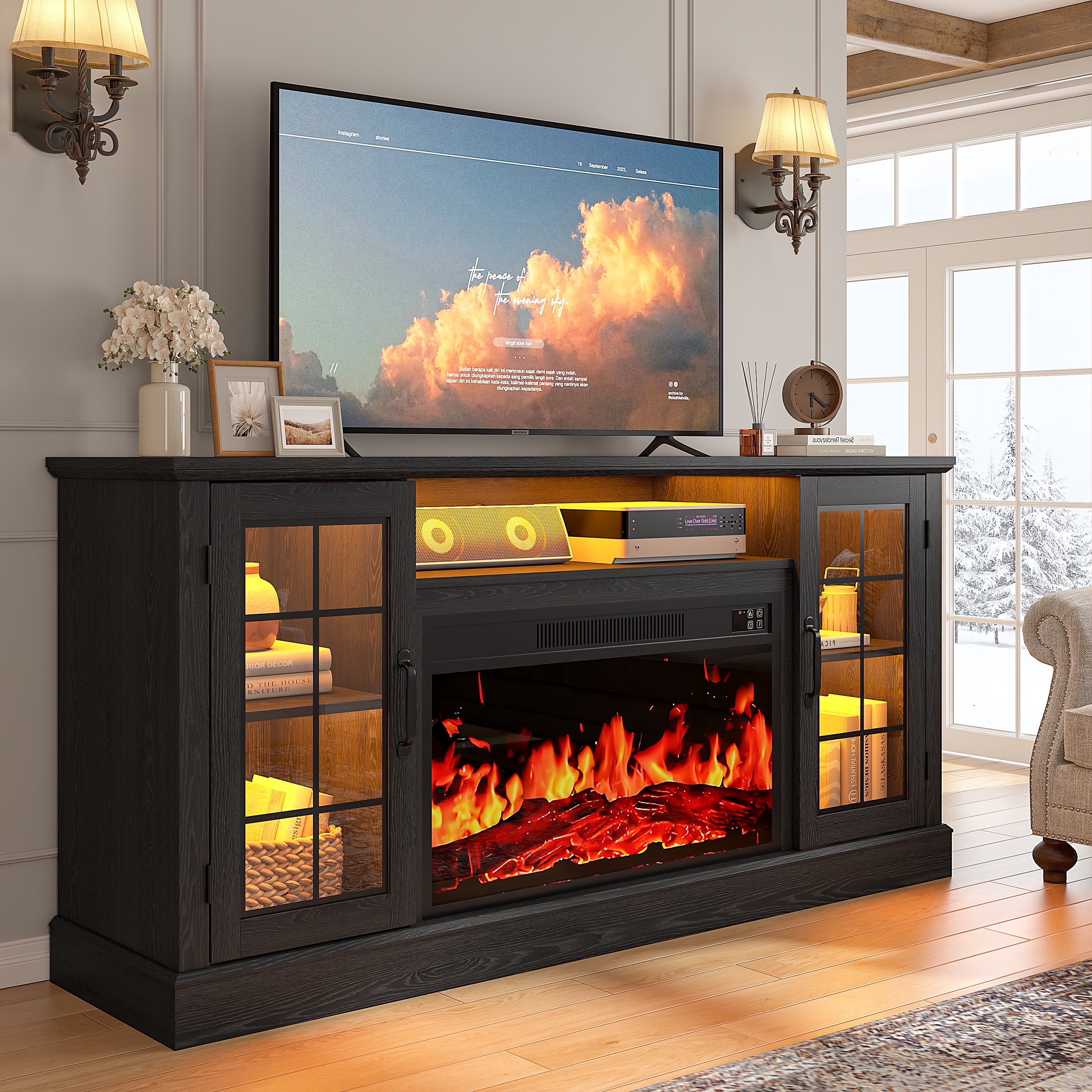 PAPROOS 63" Fireplace TV Stand Black/White