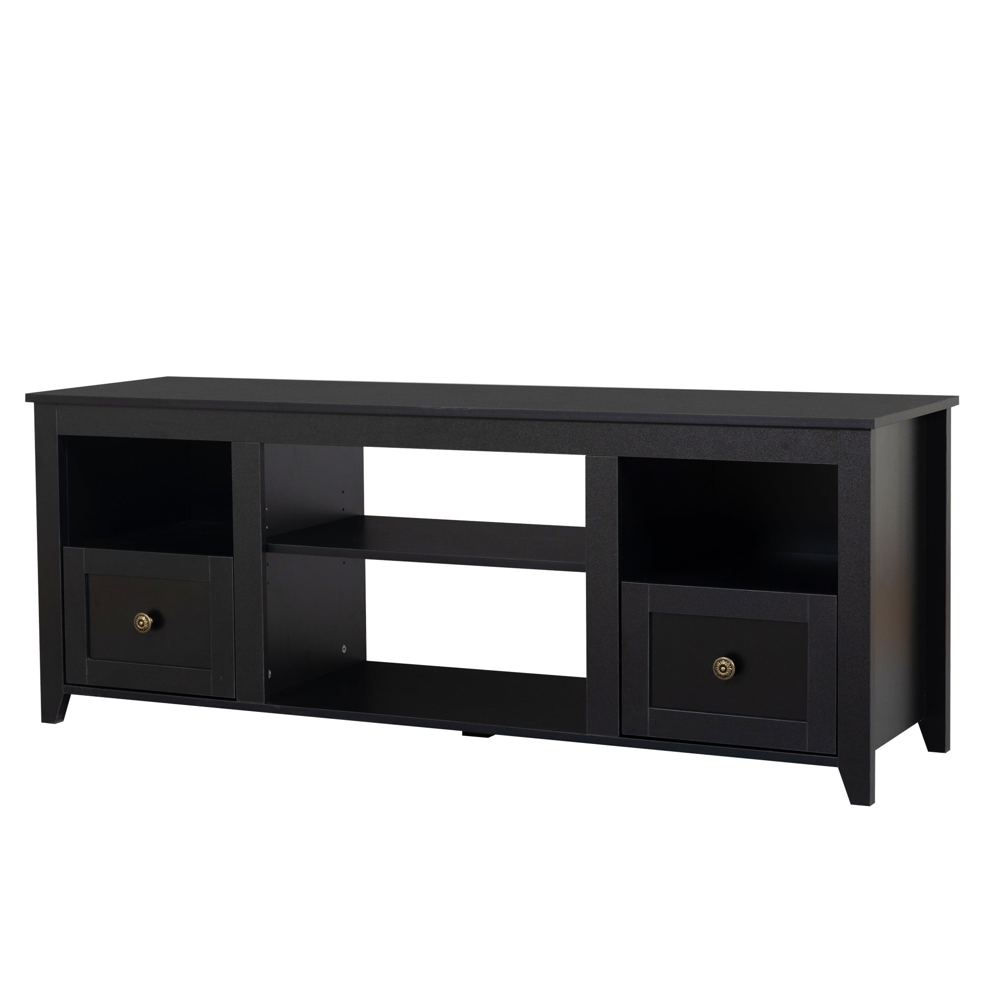 Farmhouse TV Stand for 65 inch TV, LED Entertainment Center Allows for 23in Electric Fireplace, TV Media Console Entertainment Center with Lights, 2 Drawers and Open Shelves, Black