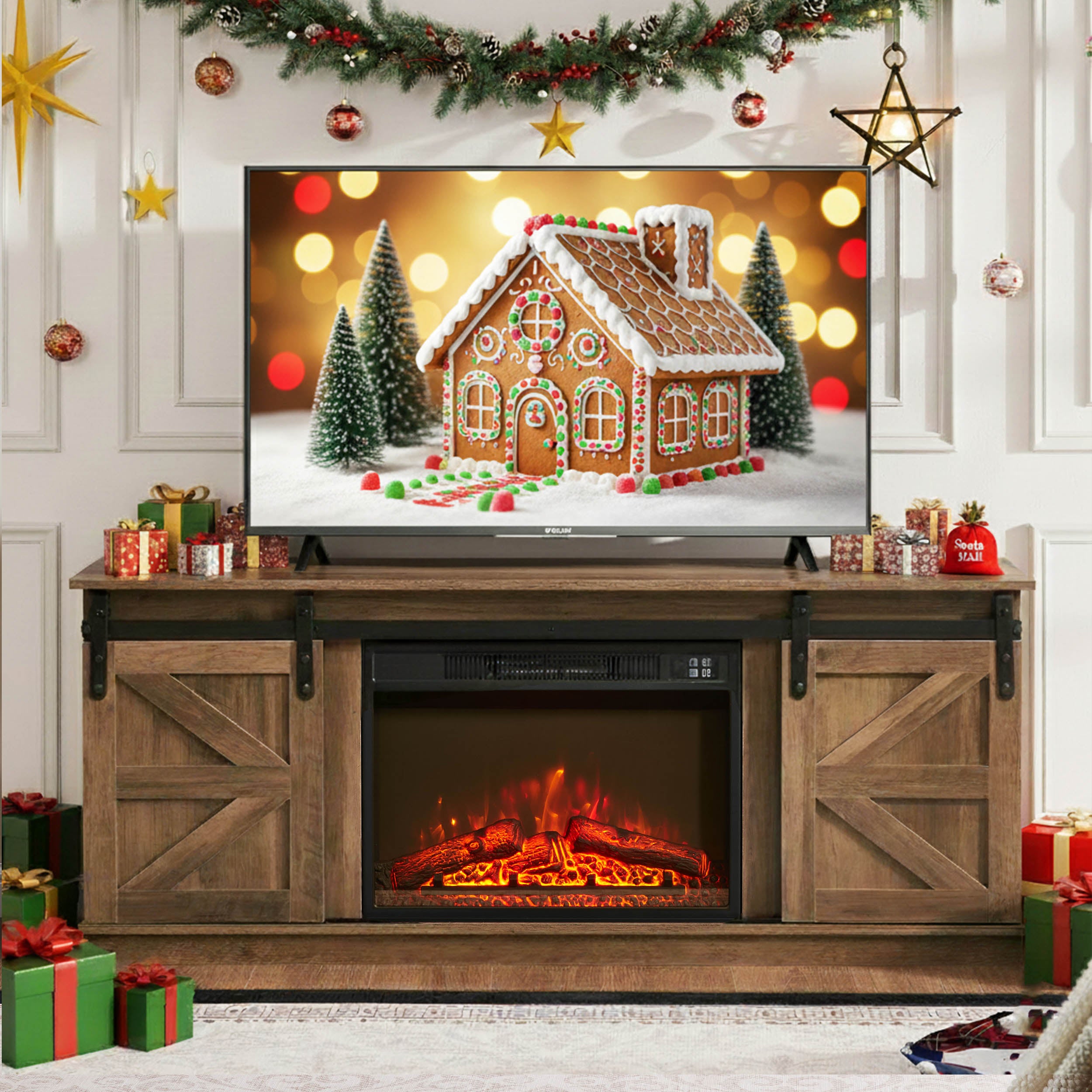 PAPROOS Fireplace TV Stand for TVs up to 65", Farmhouse TV Console with 23" Electric Fireplace, Entertainment Center with Sliding Barn Doors & Storage Cabinets & Adjustable Shelves
