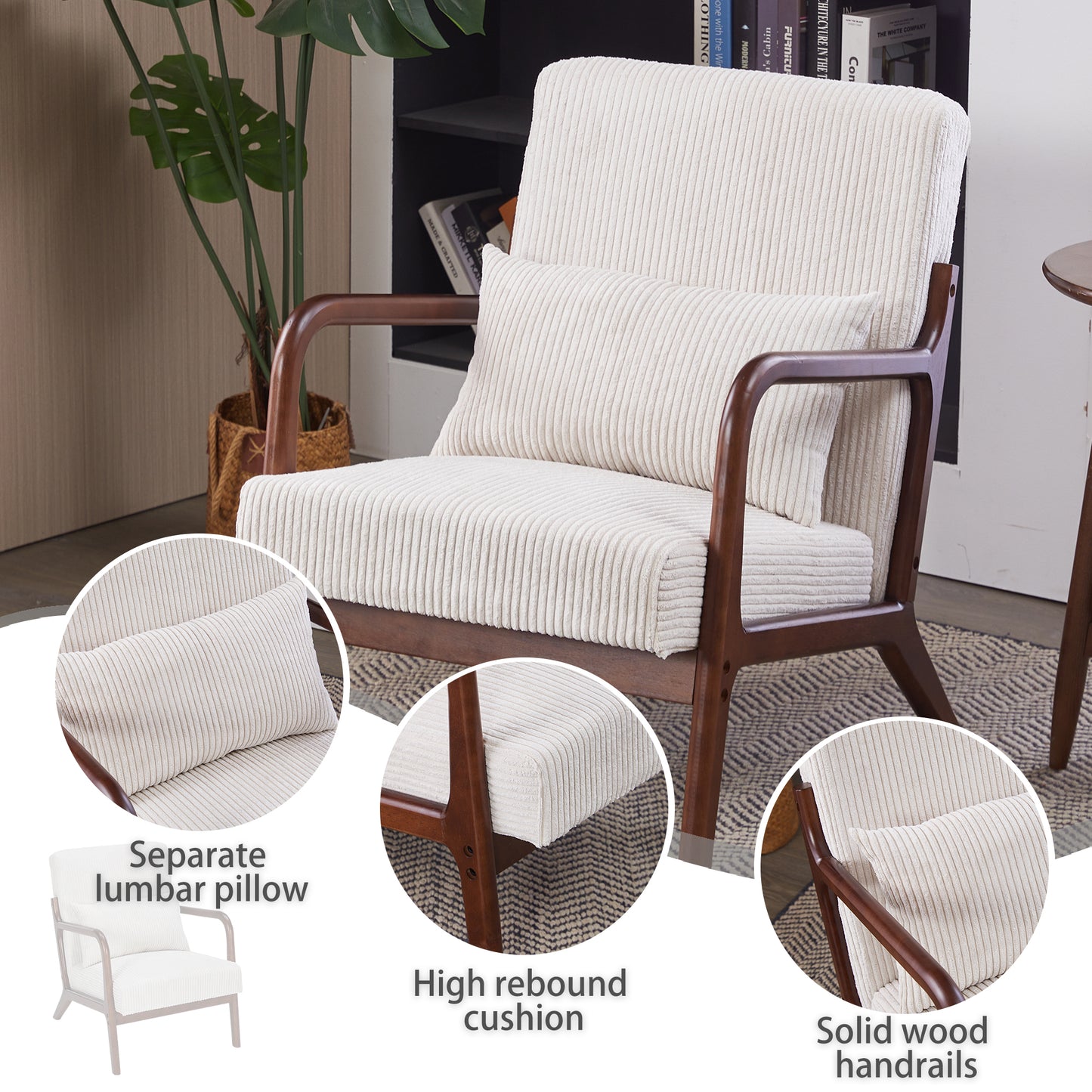 PAPROOS Accent Chair Set of 2, Mid-Century Modern Armchair with Solid Wood Frame and Extra-Thick Backrest, Fabric Upholstered Reading Chair for Living Room Bedroom, Beige