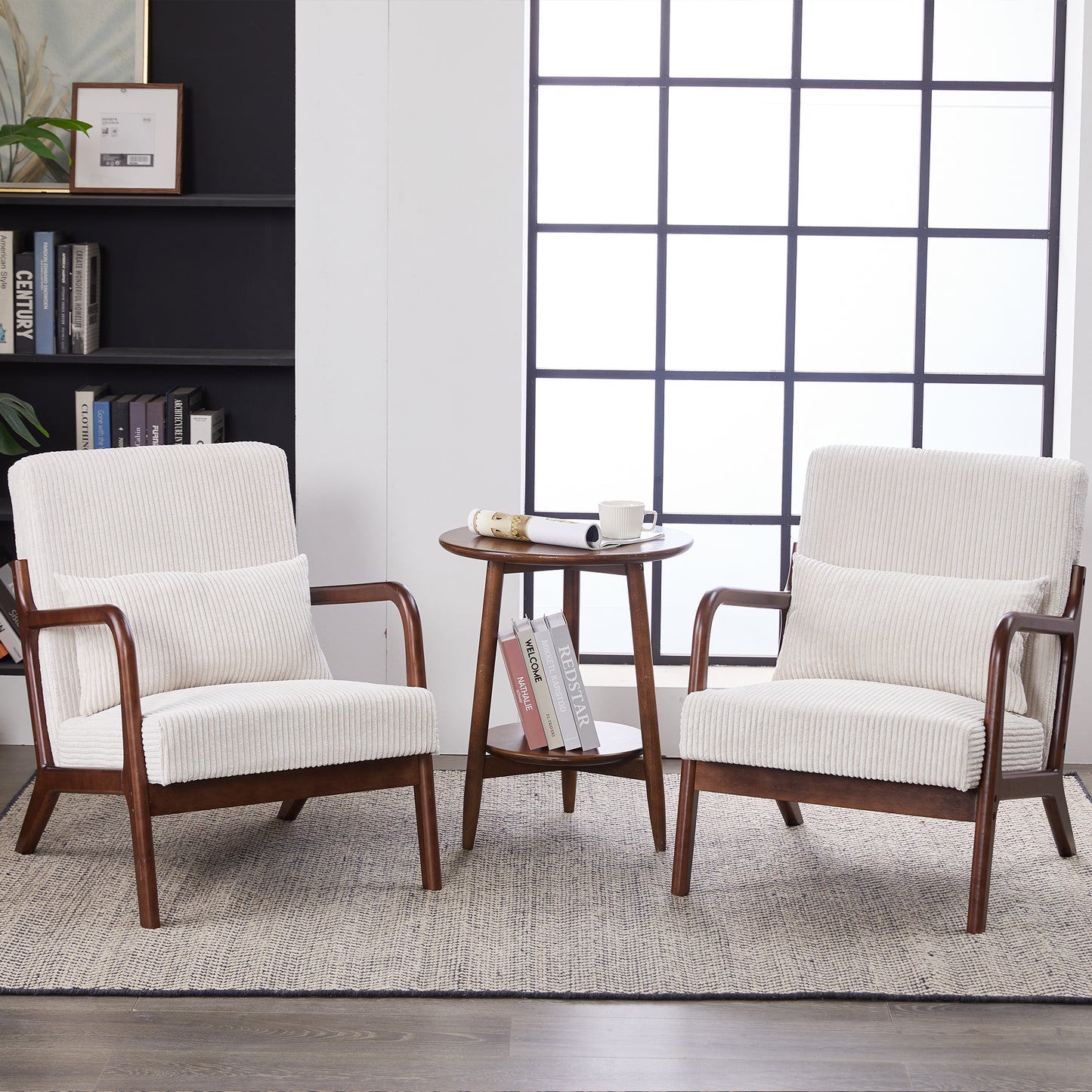 PAPROOS Accent Chair Set of 2, Mid-Century Modern Armchair with Solid Wood Frame and Extra-Thick Backrest, Fabric Upholstered Reading Chair for Living Room Bedroom, Beige