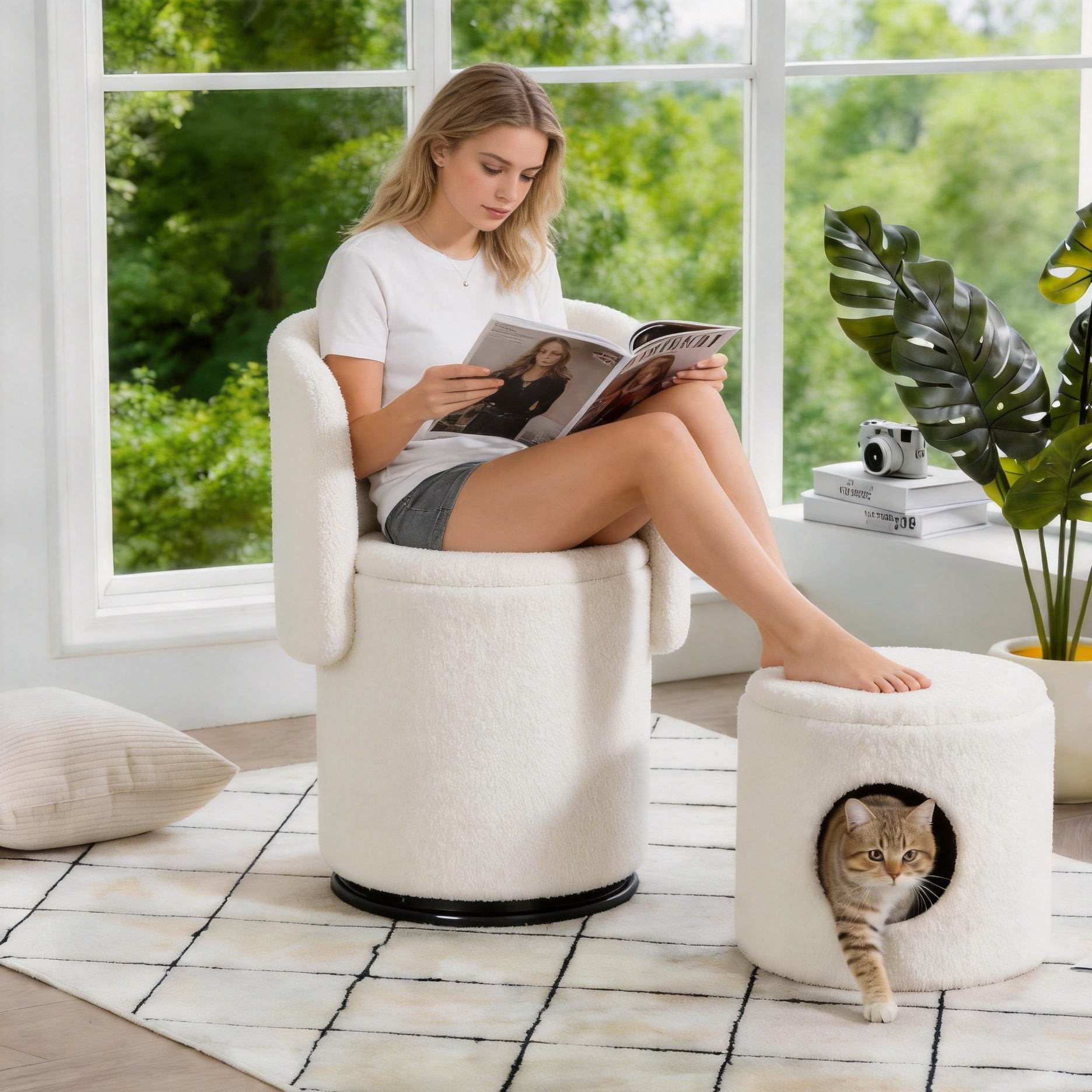 PAPROOS Swivel Accent Chair with Storage and Cat Bed Stool
