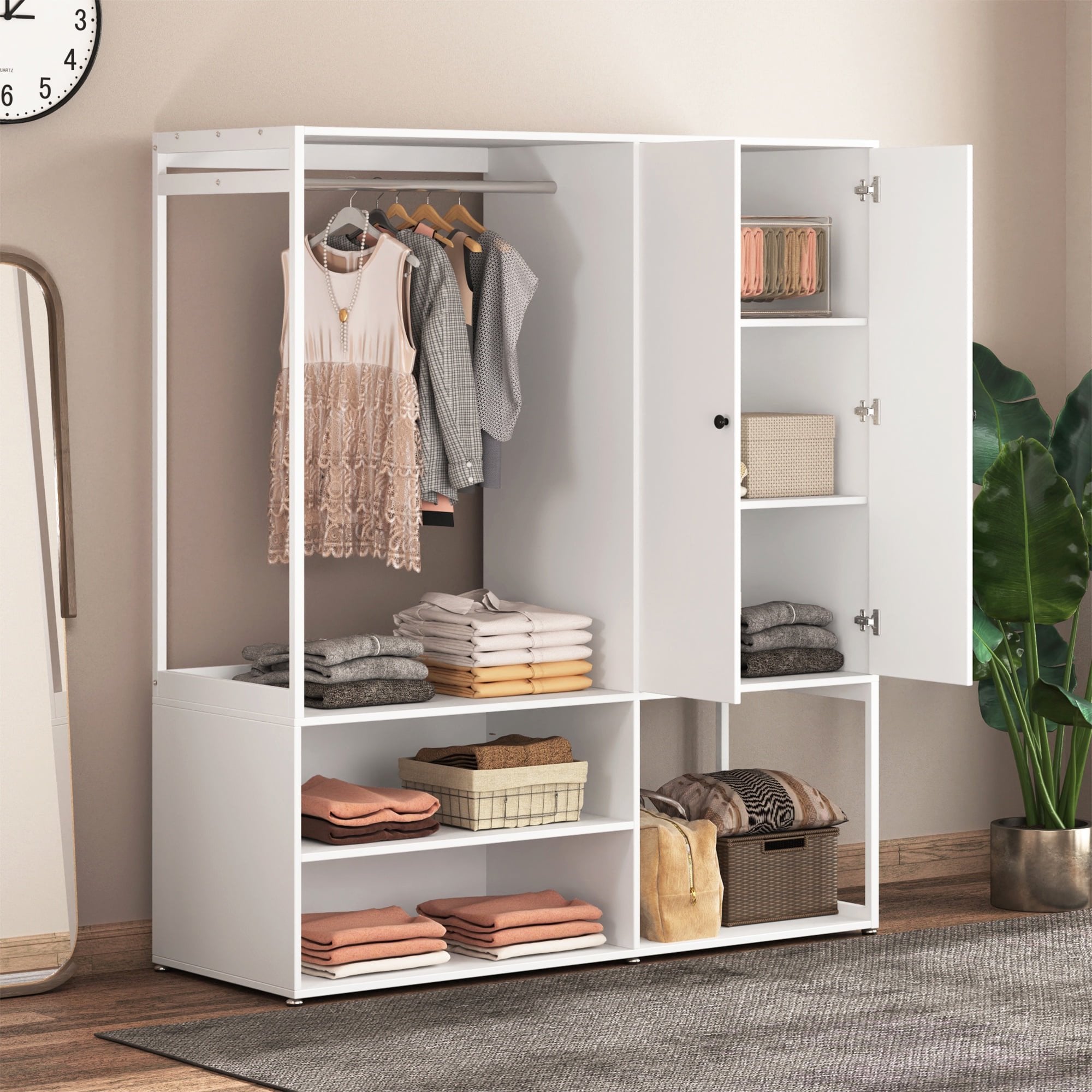 Wooden Wardrobe with 2 Doors, Bedroom Armoire Cabinet with Hanging Bar for Adult Bedroom, Large Clothing Storage, White