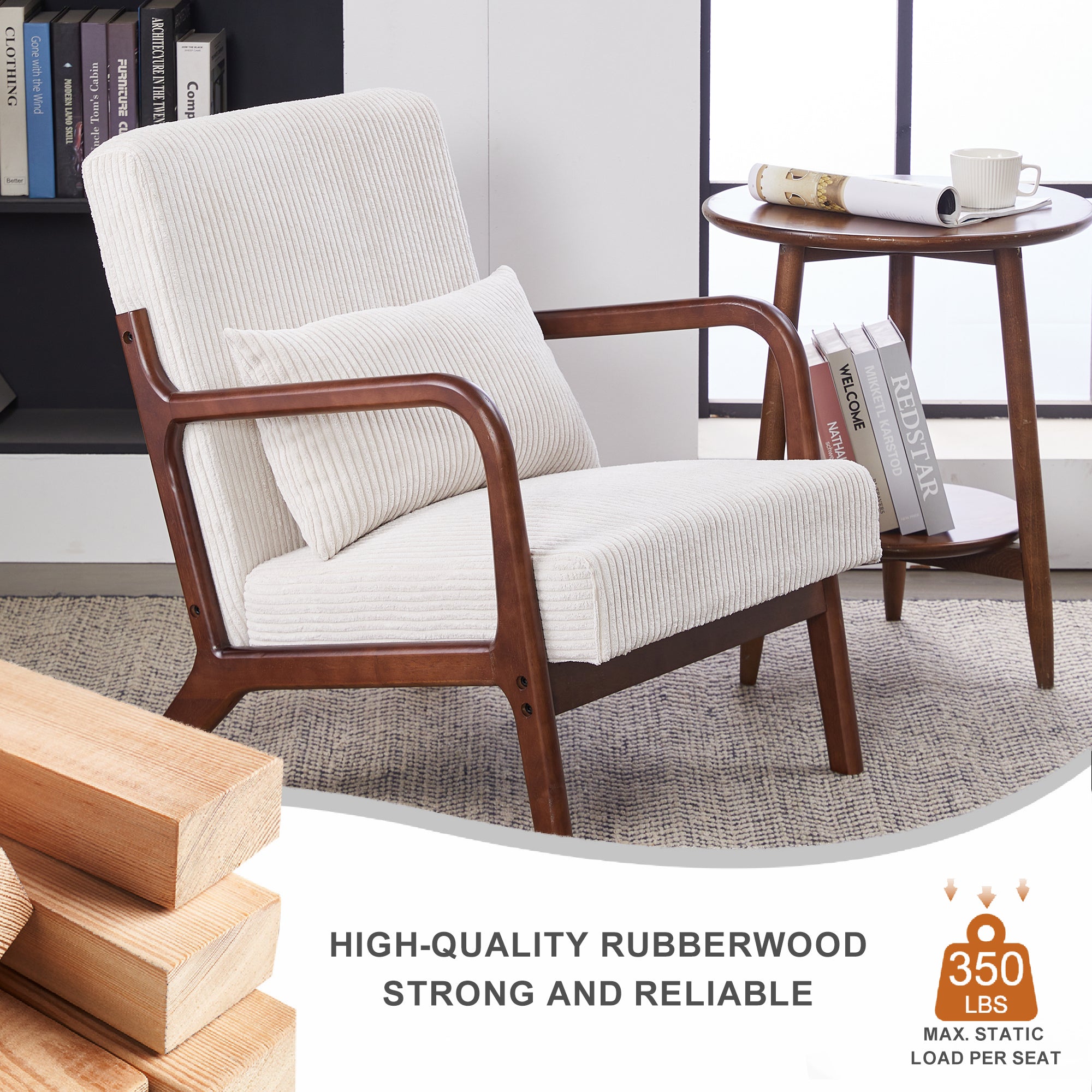 PAPROOS Accent Chair Set of 2, Mid-Century Modern Armchair with Solid Wood Frame and Extra-Thick Backrest, Fabric Upholstered Reading Chair for Living Room Bedroom, Beige