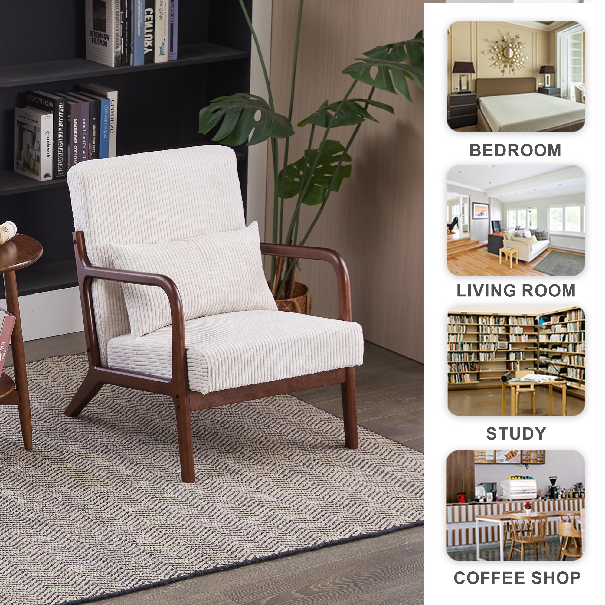 PAPROOS Accent Chair Set of 2, Mid-Century Modern Armchair with Solid Wood Frame and Extra-Thick Backrest, Fabric Upholstered Reading Chair for Living Room Bedroom, Beige