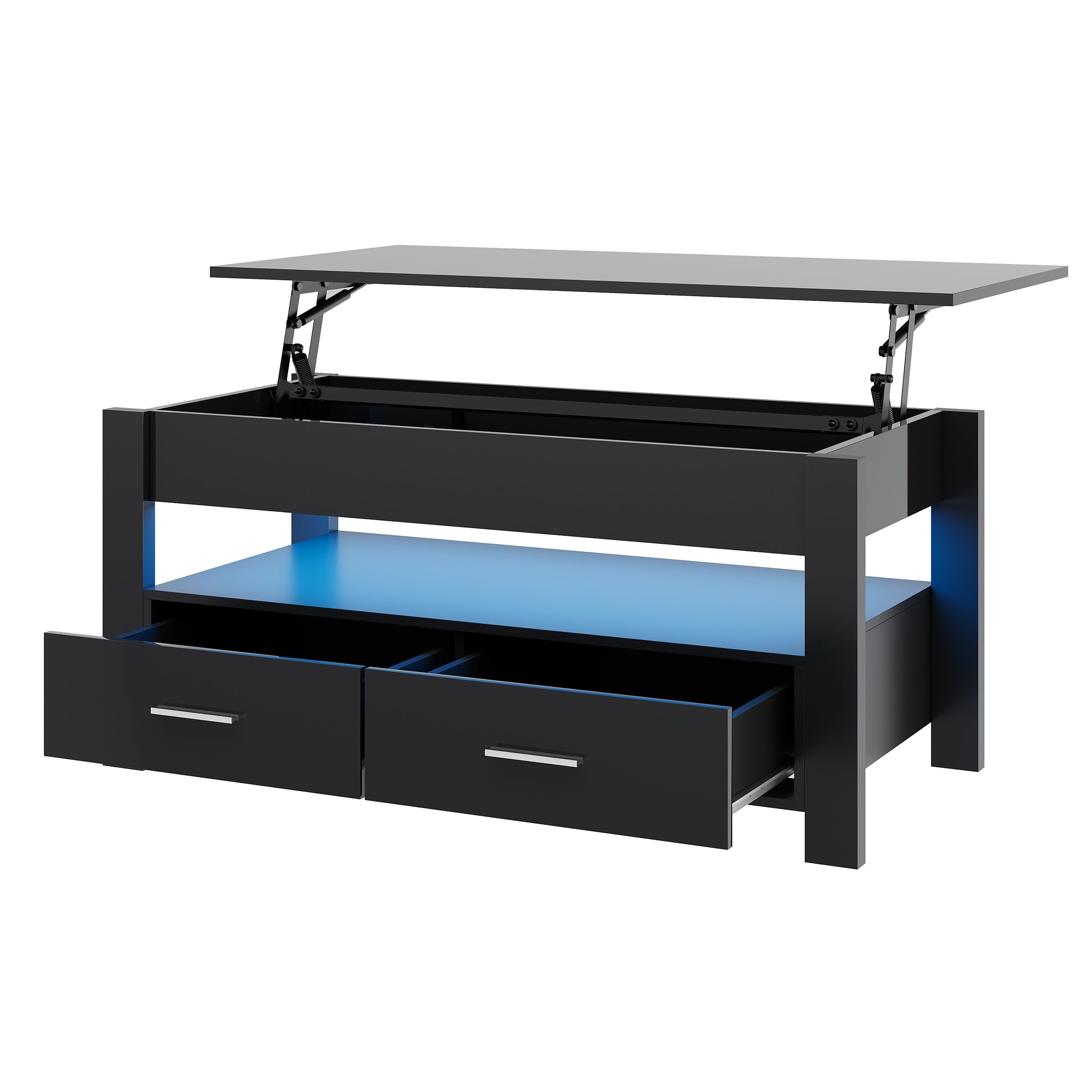 PAPROOS Lift Top Coffee Table for Living Room, Modern High Gloss Desktop Coffee Table with LED Light, Wood Coffee Table with Lifting Top and 2 Drawers, Hidden Storage, Black