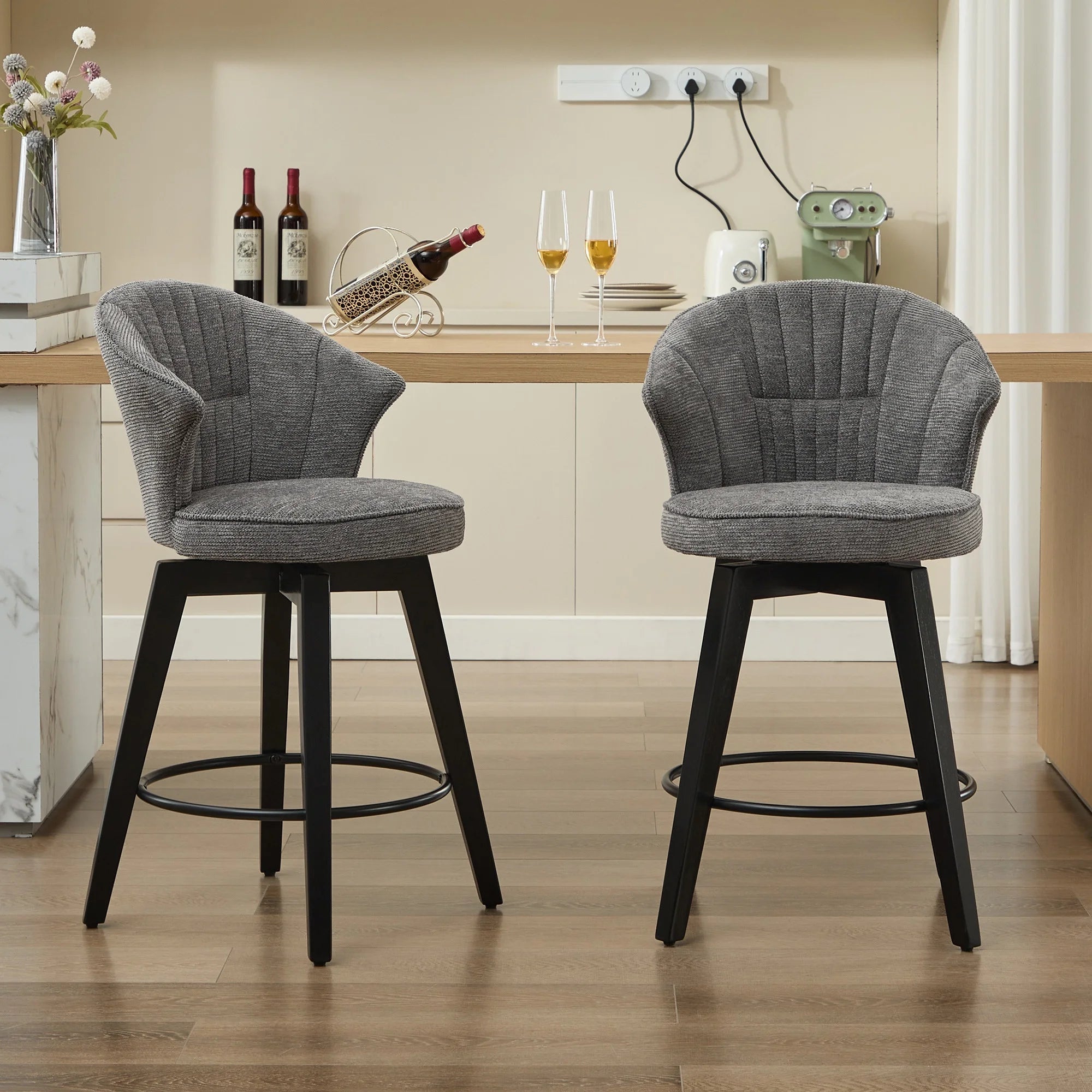 PAPROOS Swivel Bar Stools Set of 2, Modern Counter Height Stools with Chenille Upholstery, Kitchen Barstools with Solid Wood Frame for Kitchen Island