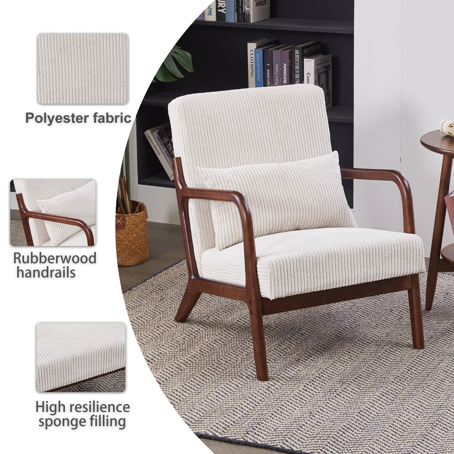 PAPROOS Accent Chair Set of 2, Mid-Century Modern Armchair with Solid Wood Frame and Extra-Thick Backrest, Fabric Upholstered Reading Chair for Living Room Bedroom, Beige