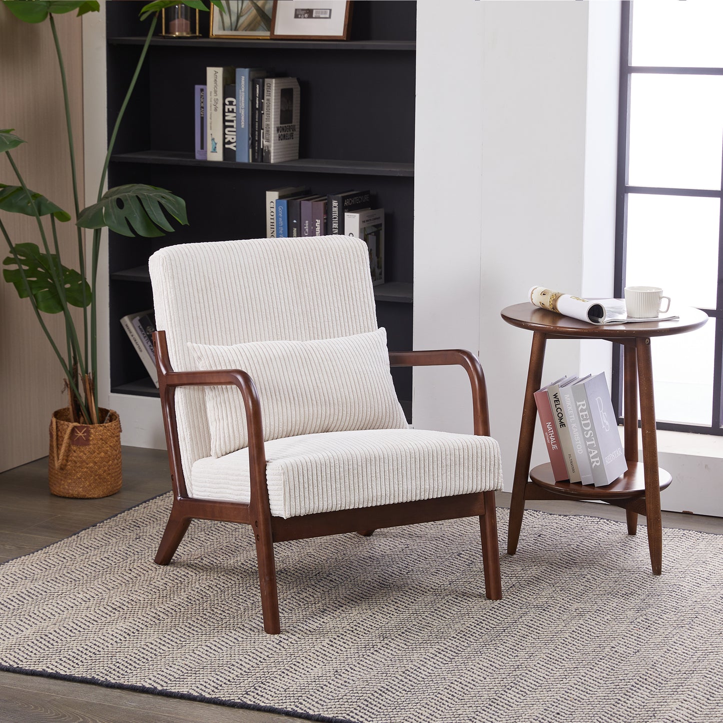 PAPROOS Accent Chair Set of 2, Mid-Century Modern Armchair with Solid Wood Frame and Extra-Thick Backrest, Fabric Upholstered Reading Chair for Living Room Bedroom, Beige