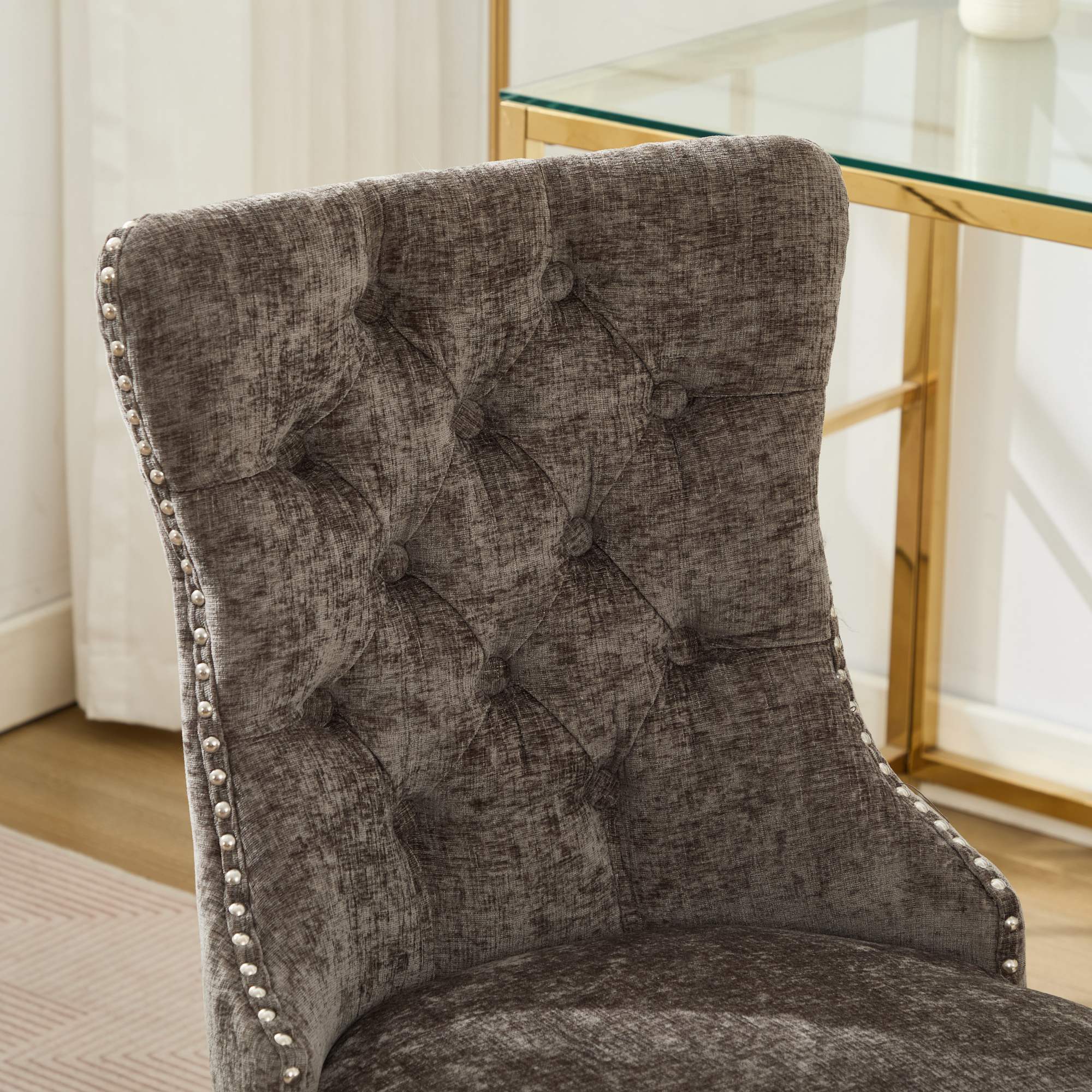 PAPROOS Vanity Chair, Swivel Home Office Chair, Ergonomic Home Desk Chair with Silver Metal Base, Adjustable Height, Chenille Upholstered Tufted Button Task Chair, Green